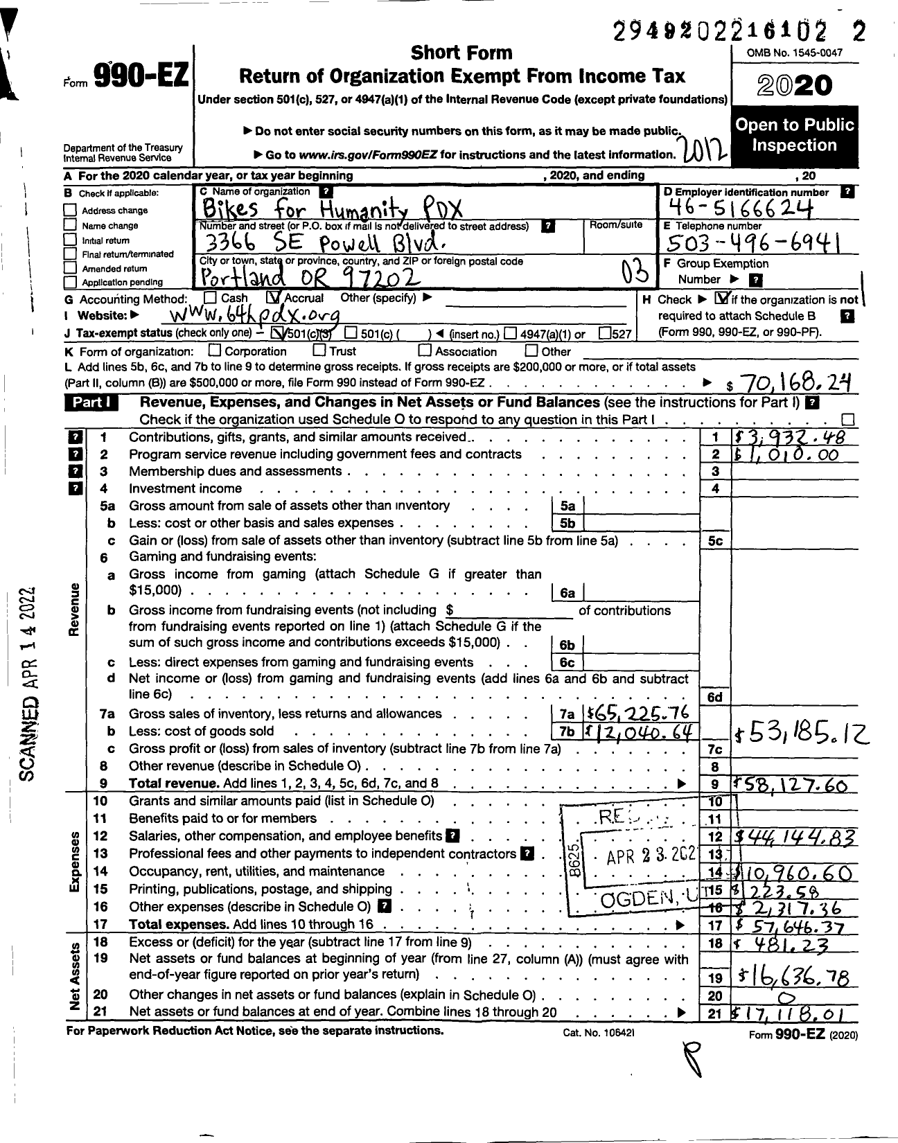 Image of first page of 2020 Form 990EZ for Bikes for Humanity PDX