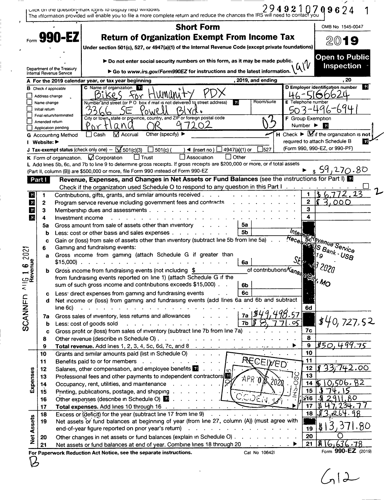 Image of first page of 2019 Form 990EZ for Bikes for Humanity PDX