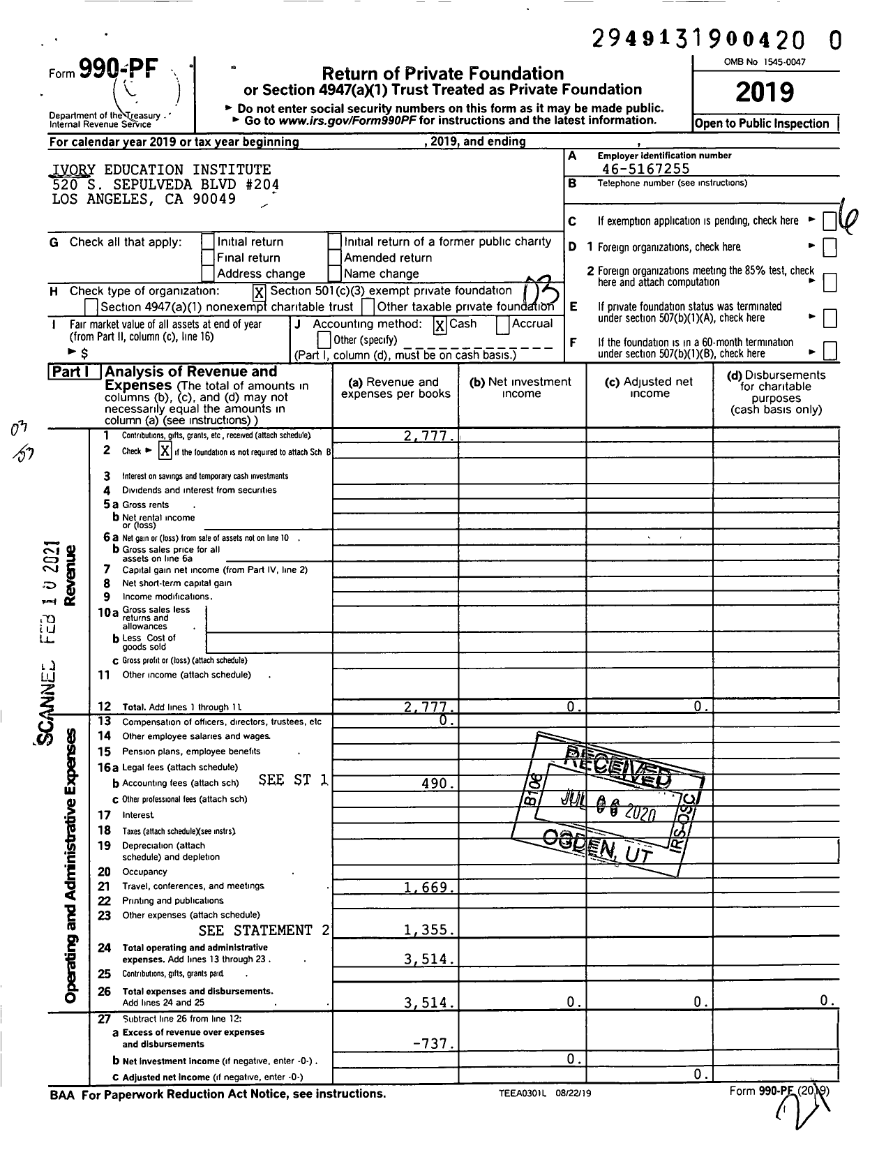 Image of first page of 2019 Form 990PF for Ivory Education Institute