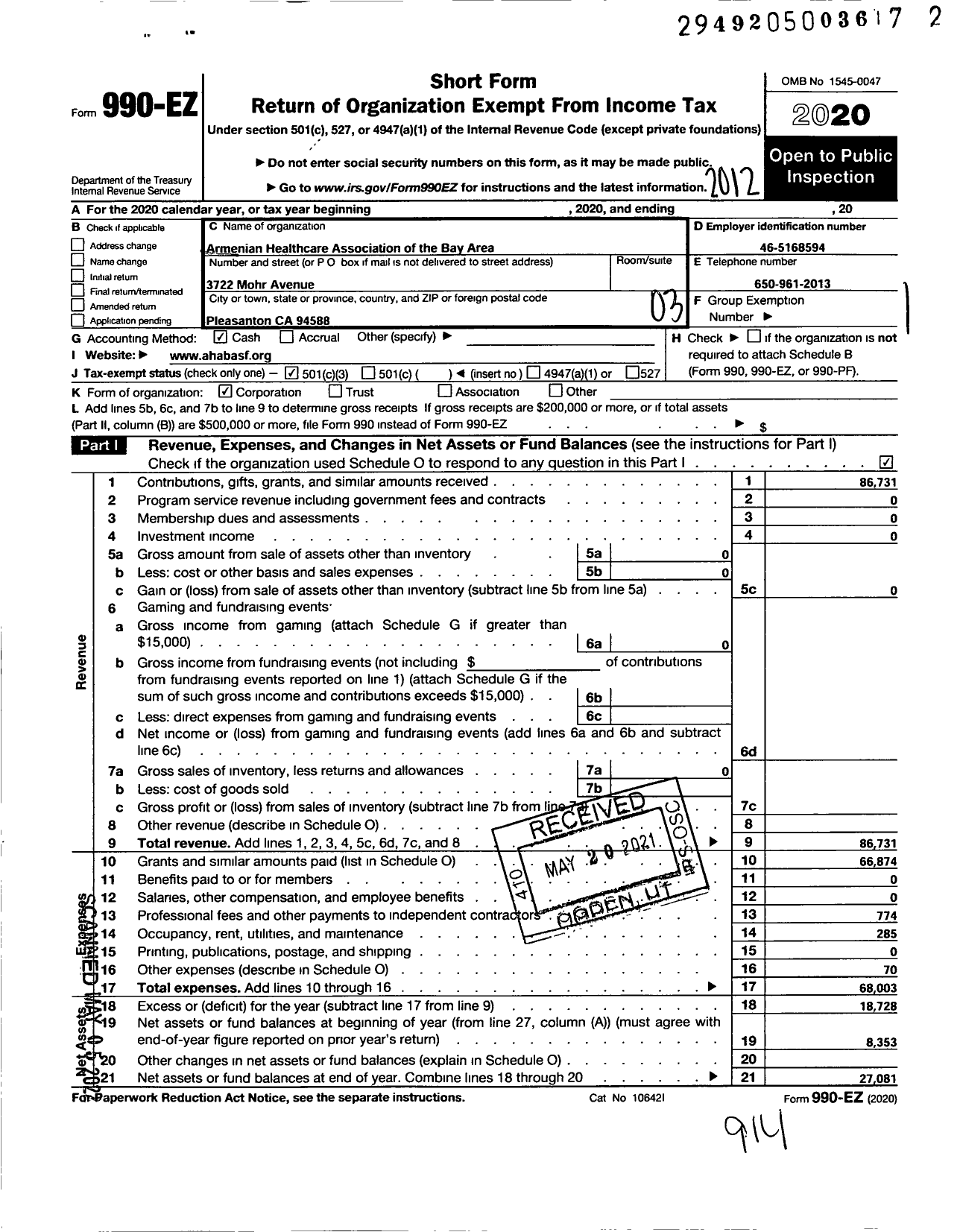 Image of first page of 2020 Form 990EZ for Armenian Healthcare Association of the Bay Area