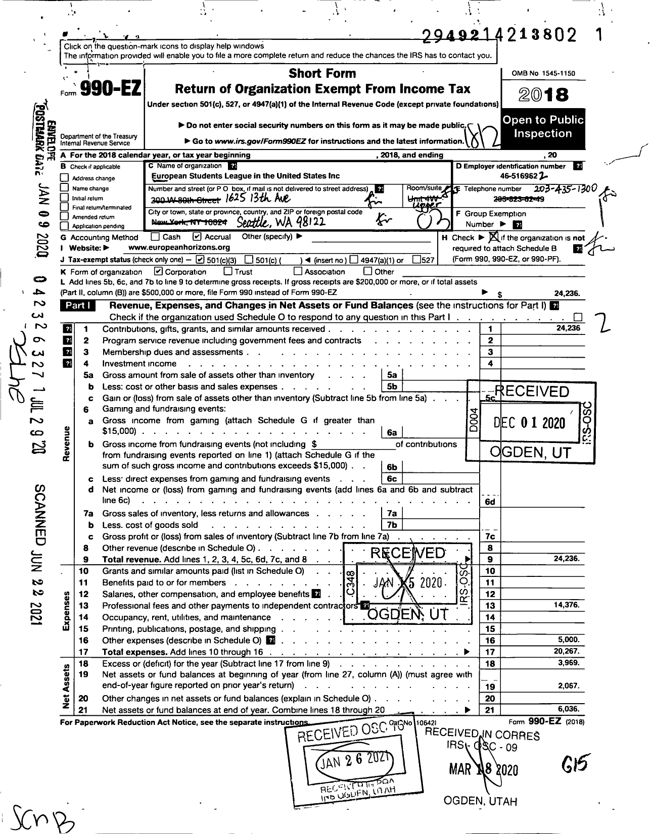 Image of first page of 2018 Form 990EZ for European Students League in the United States