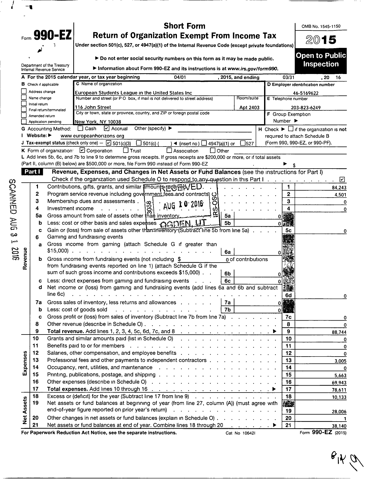 Image of first page of 2015 Form 990EZ for European Students League in the United States