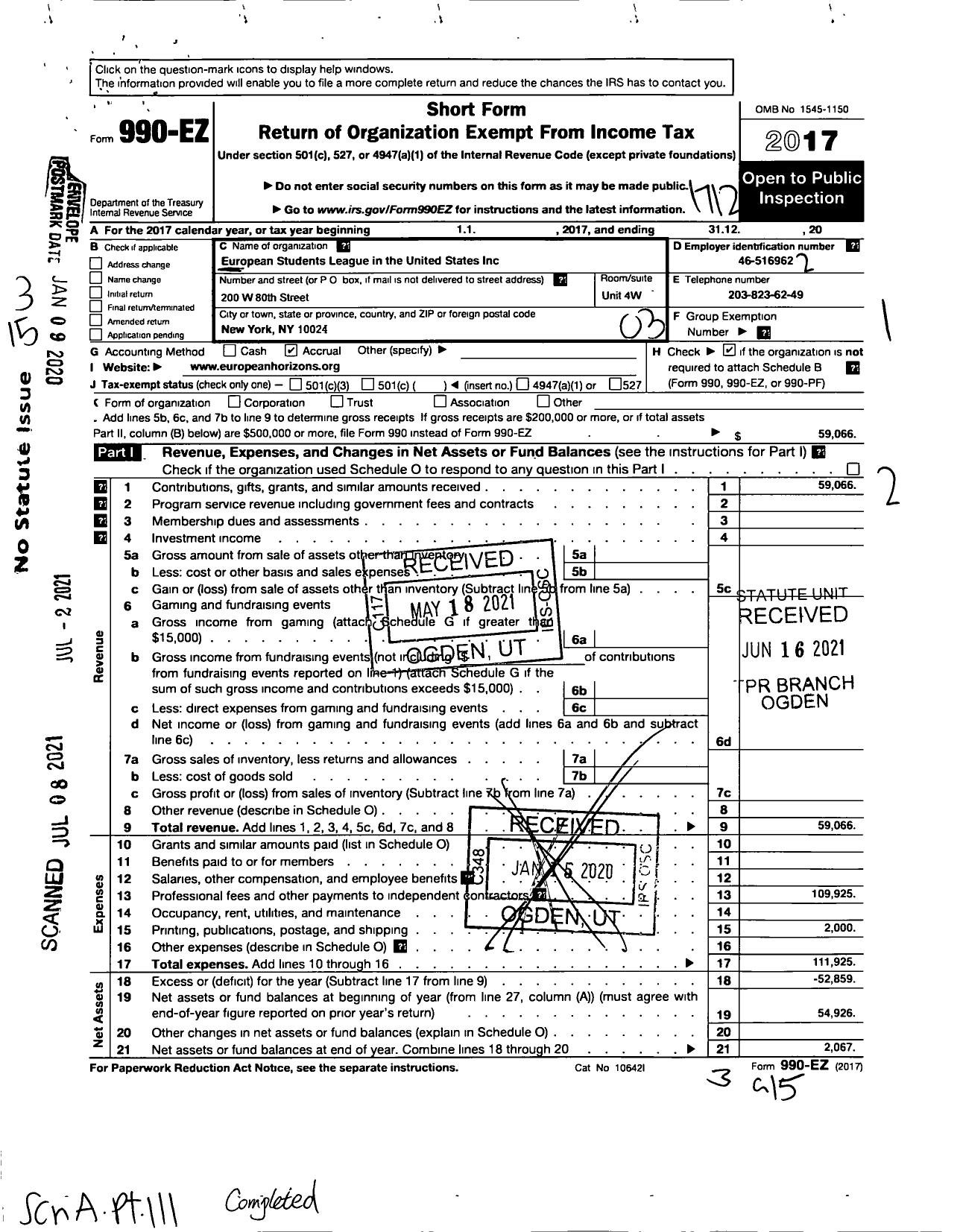 Image of first page of 2017 Form 990EA for European Students League in the United States