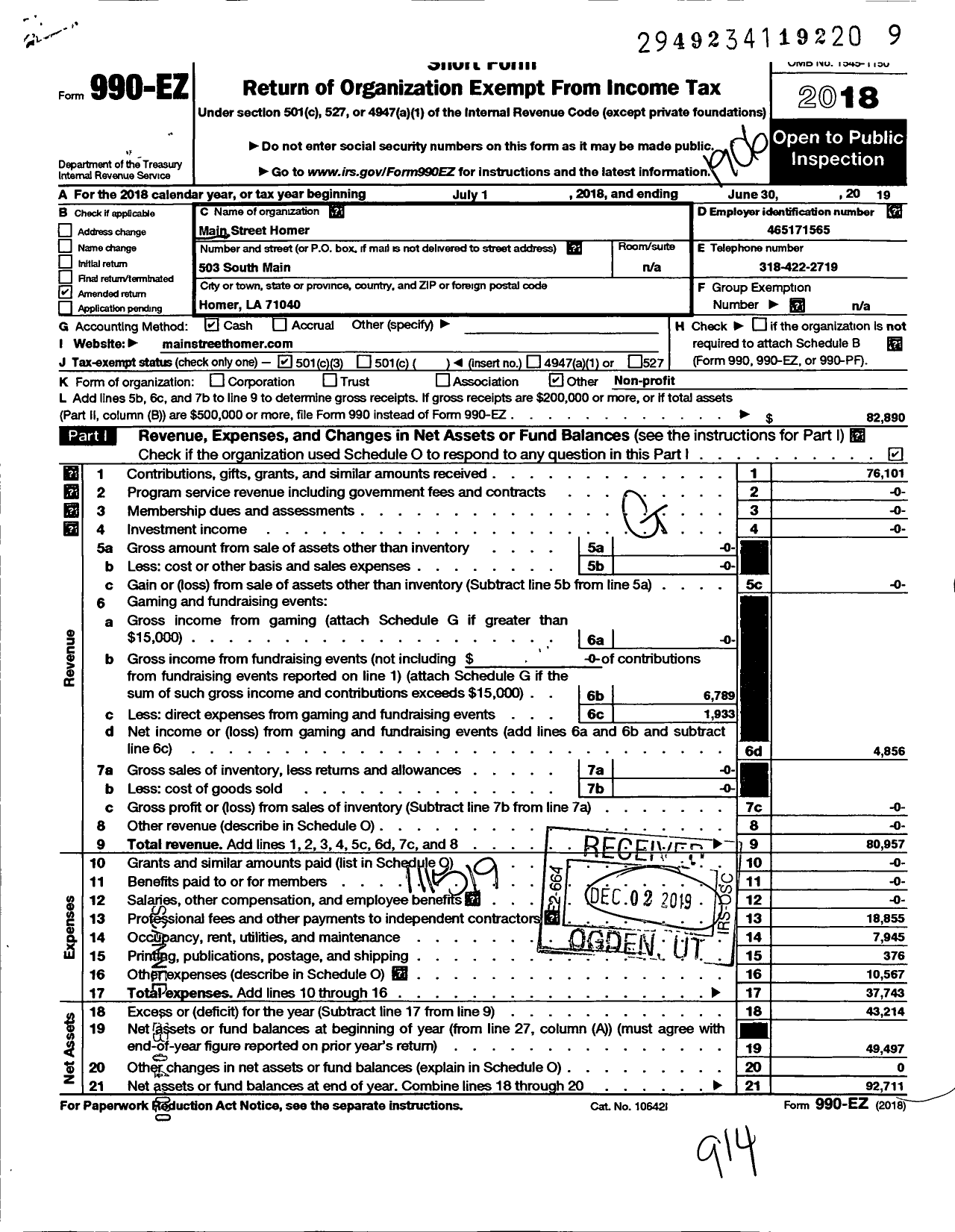 Image of first page of 2018 Form 990EZ for Main Street Homer