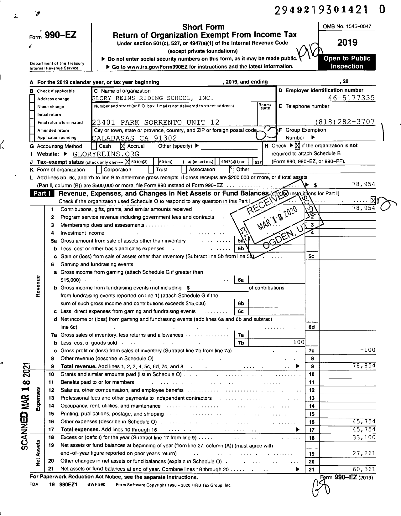 Image of first page of 2019 Form 990EZ for Glory Reins Riding School