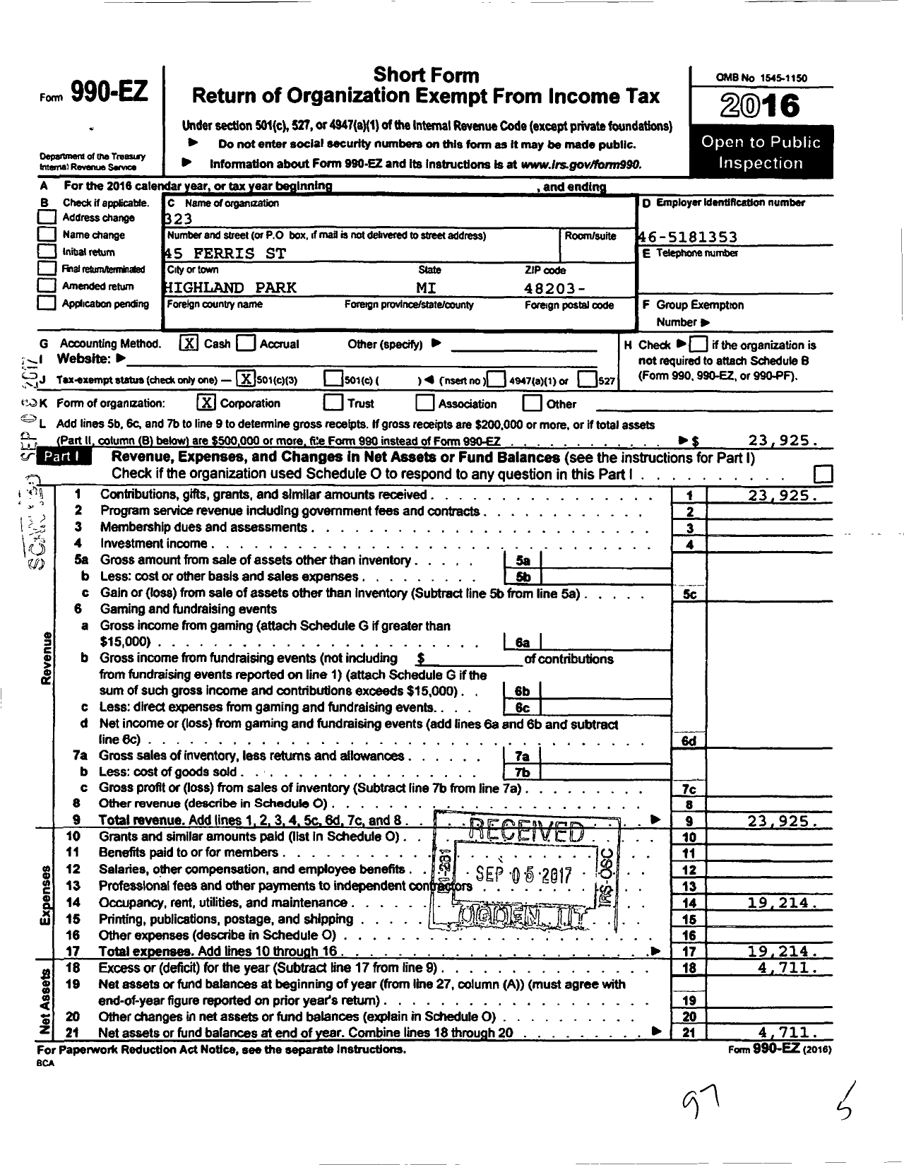 Image of first page of 2016 Form 990EZ for Shiloh Detroit