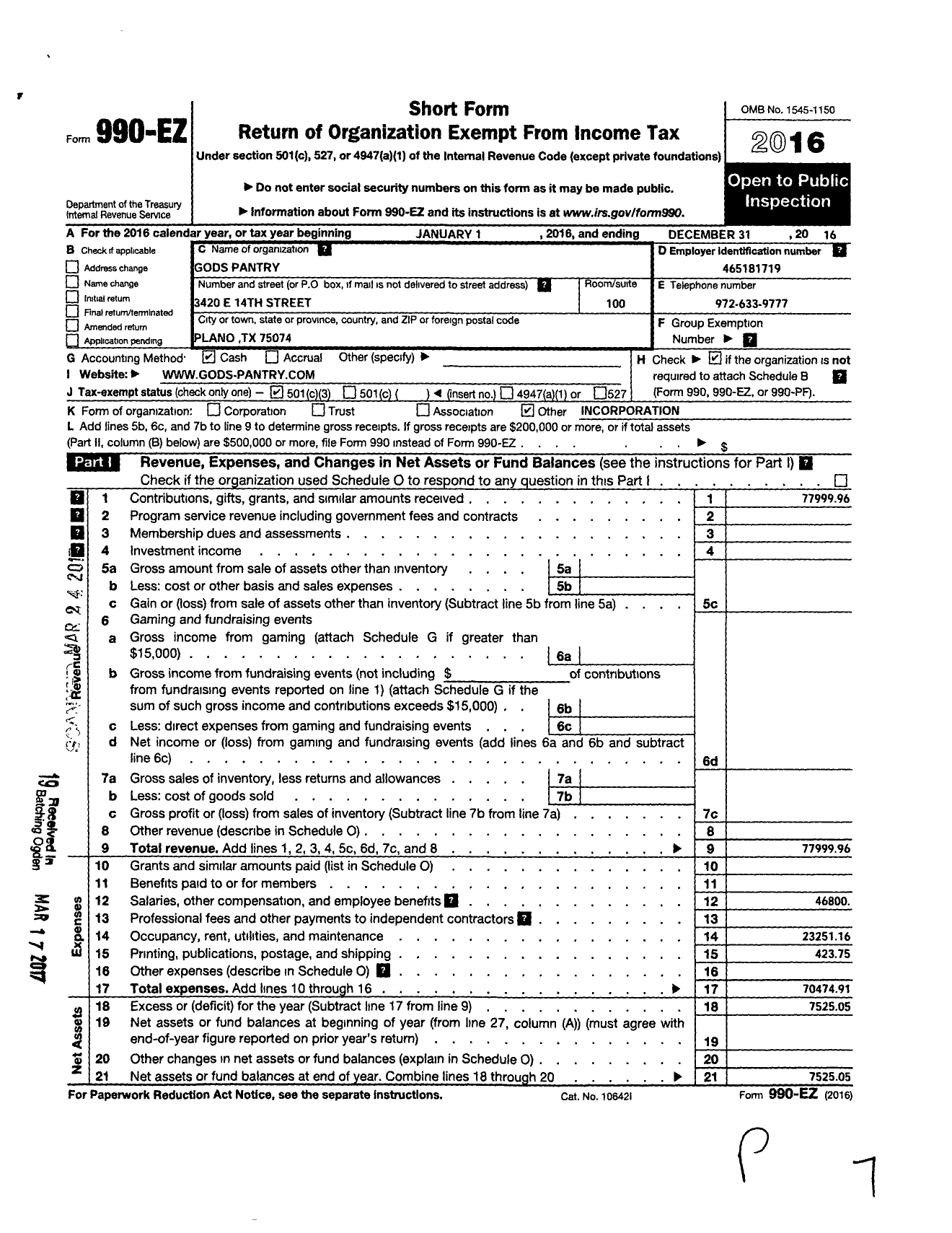 Image of first page of 2016 Form 990EZ for Gods Pantry