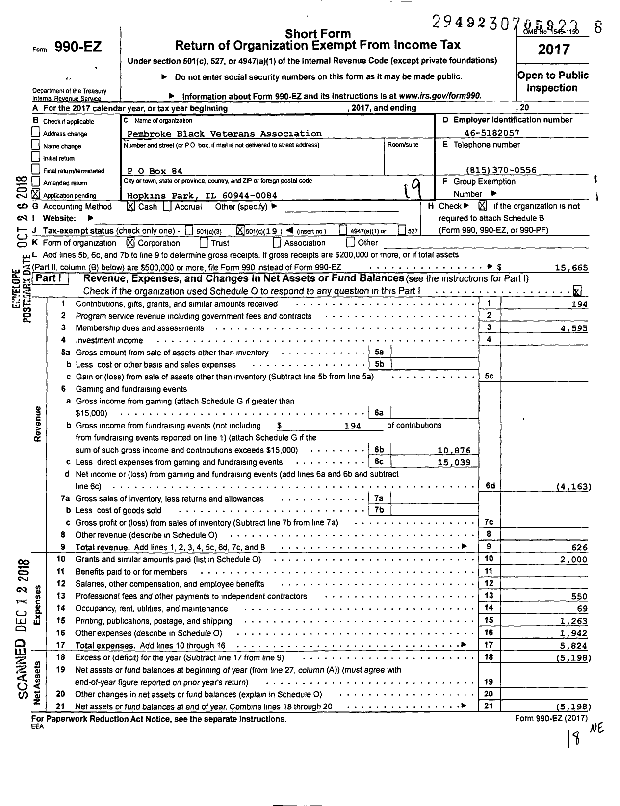 Image of first page of 2017 Form 990EO for Pembroke Black Veterans Assocation