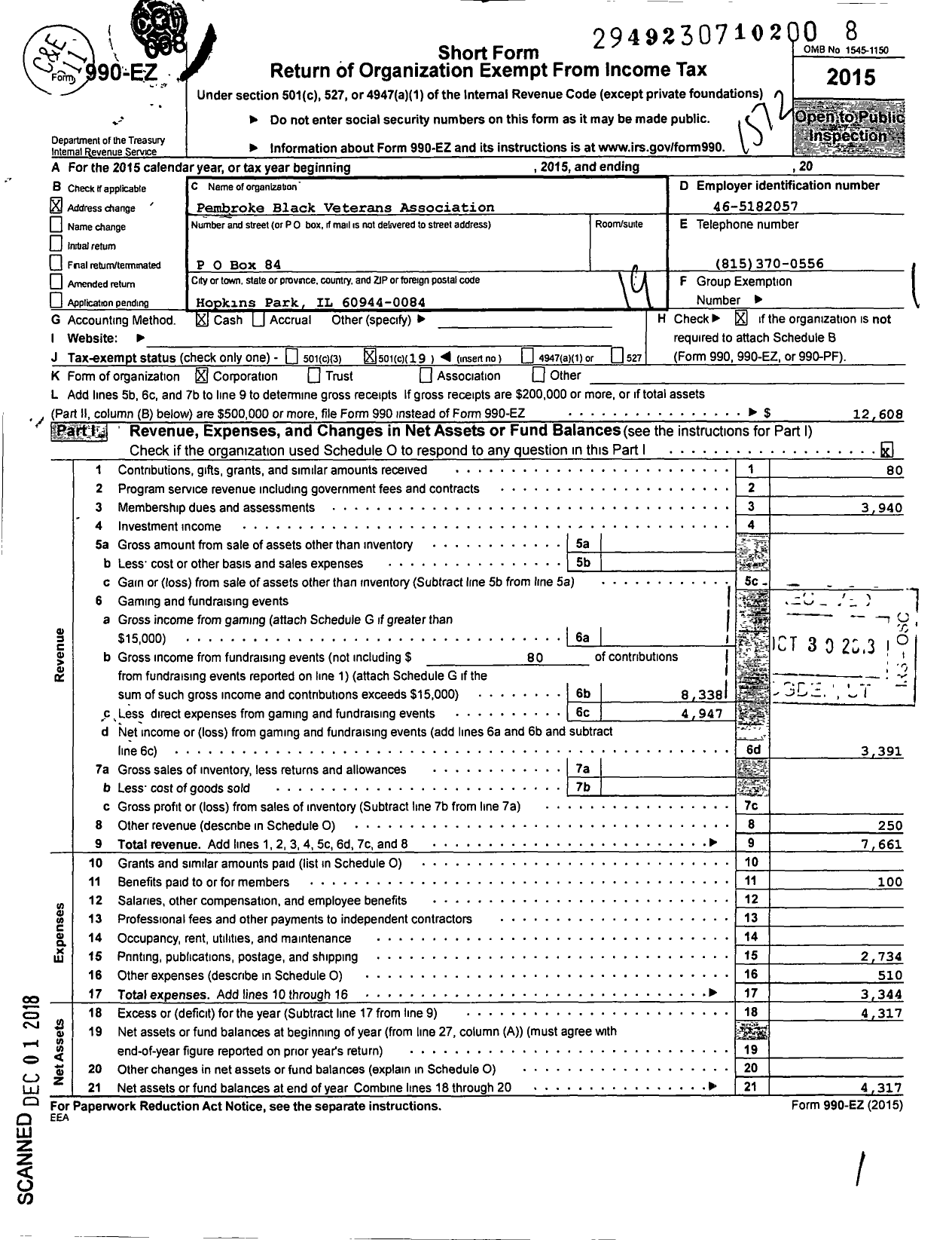 Image of first page of 2015 Form 990EO for Pembroke Black Veterans Assocation