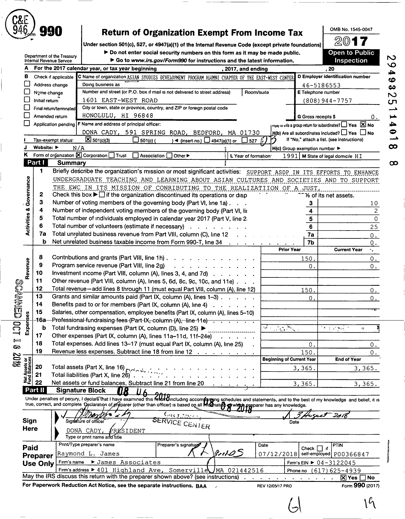 Image of first page of 2017 Form 990 for Asian Studies Development Program Alumni Chapter of the East-West CT