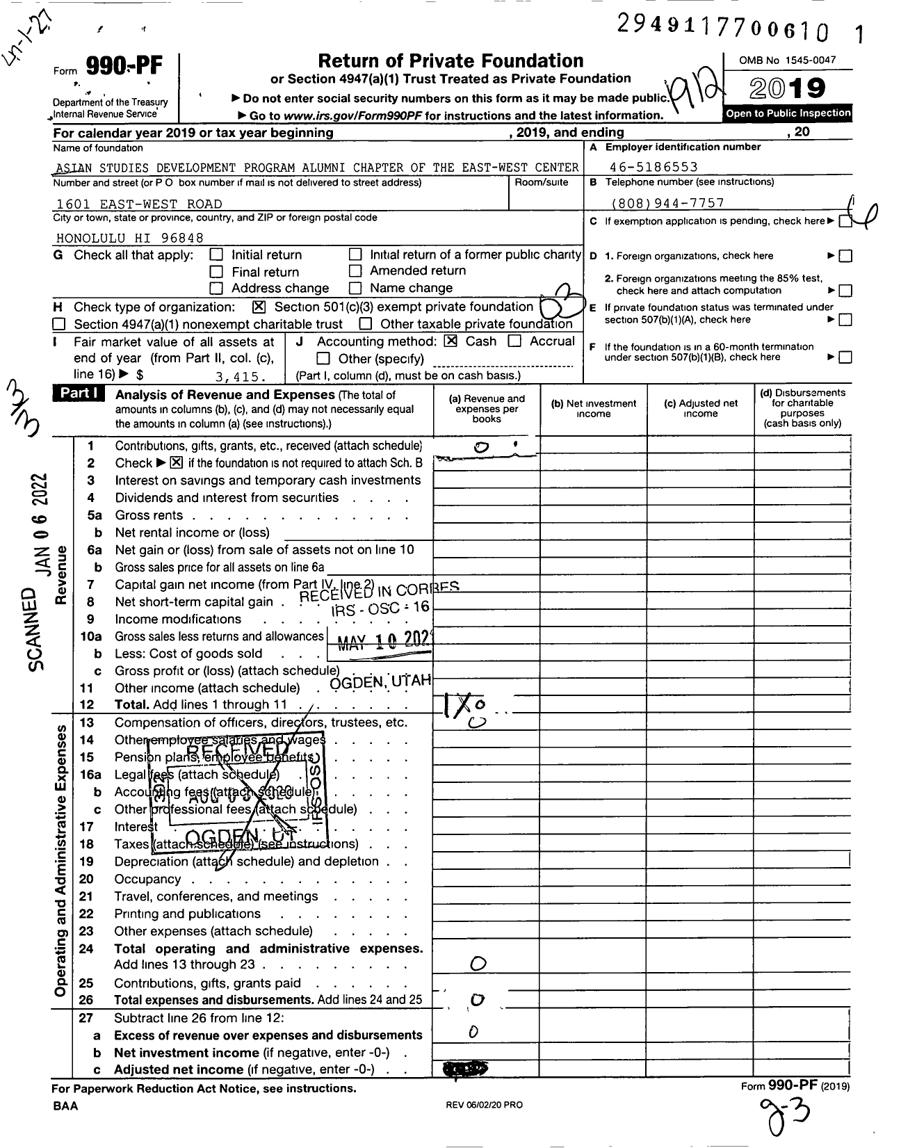 Image of first page of 2019 Form 990PF for Asian Studies Development Program Alumni Chapter of the East-West CT