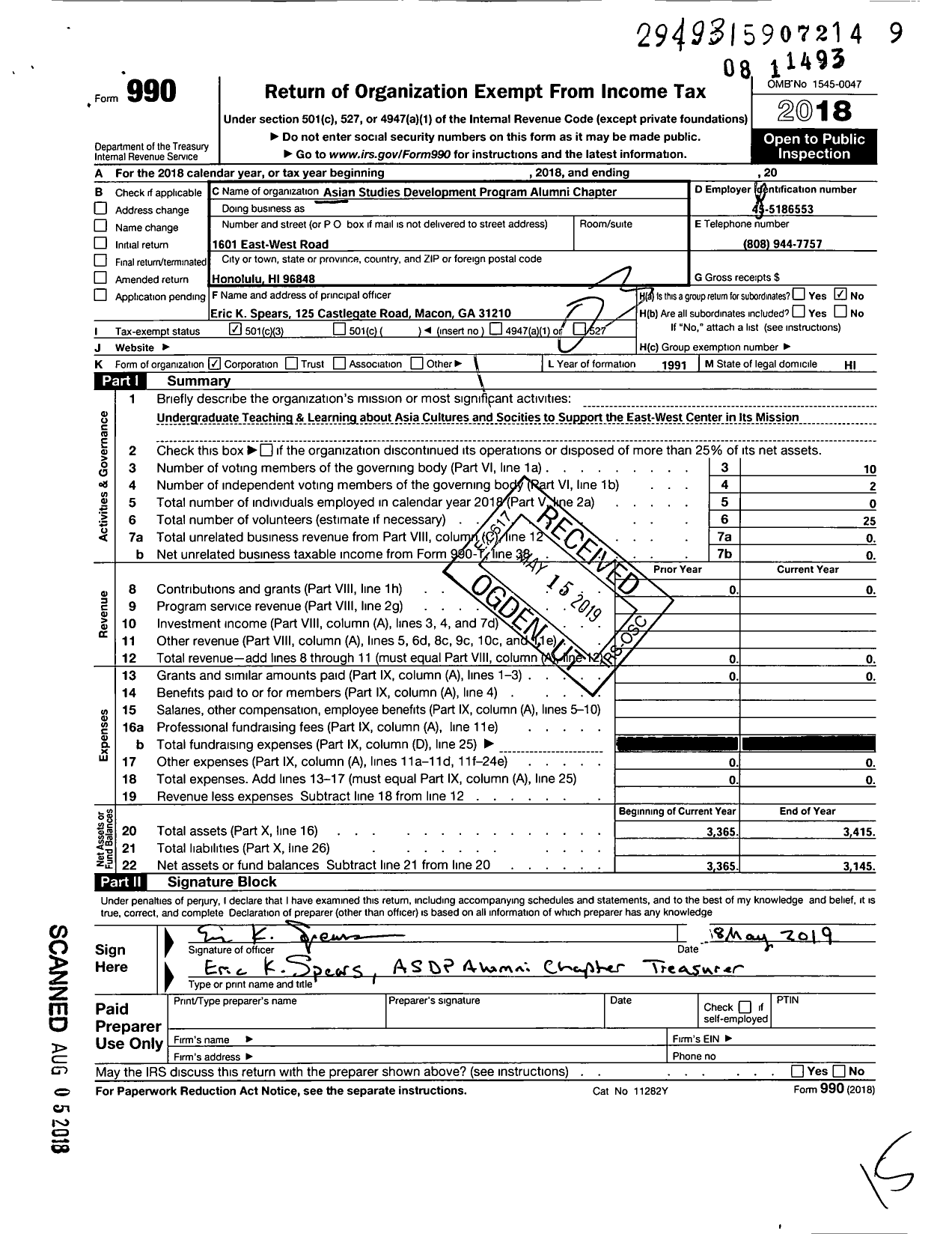 Image of first page of 2018 Form 990 for Asian Studies Development Program Alumni Chapter of the East-West CT