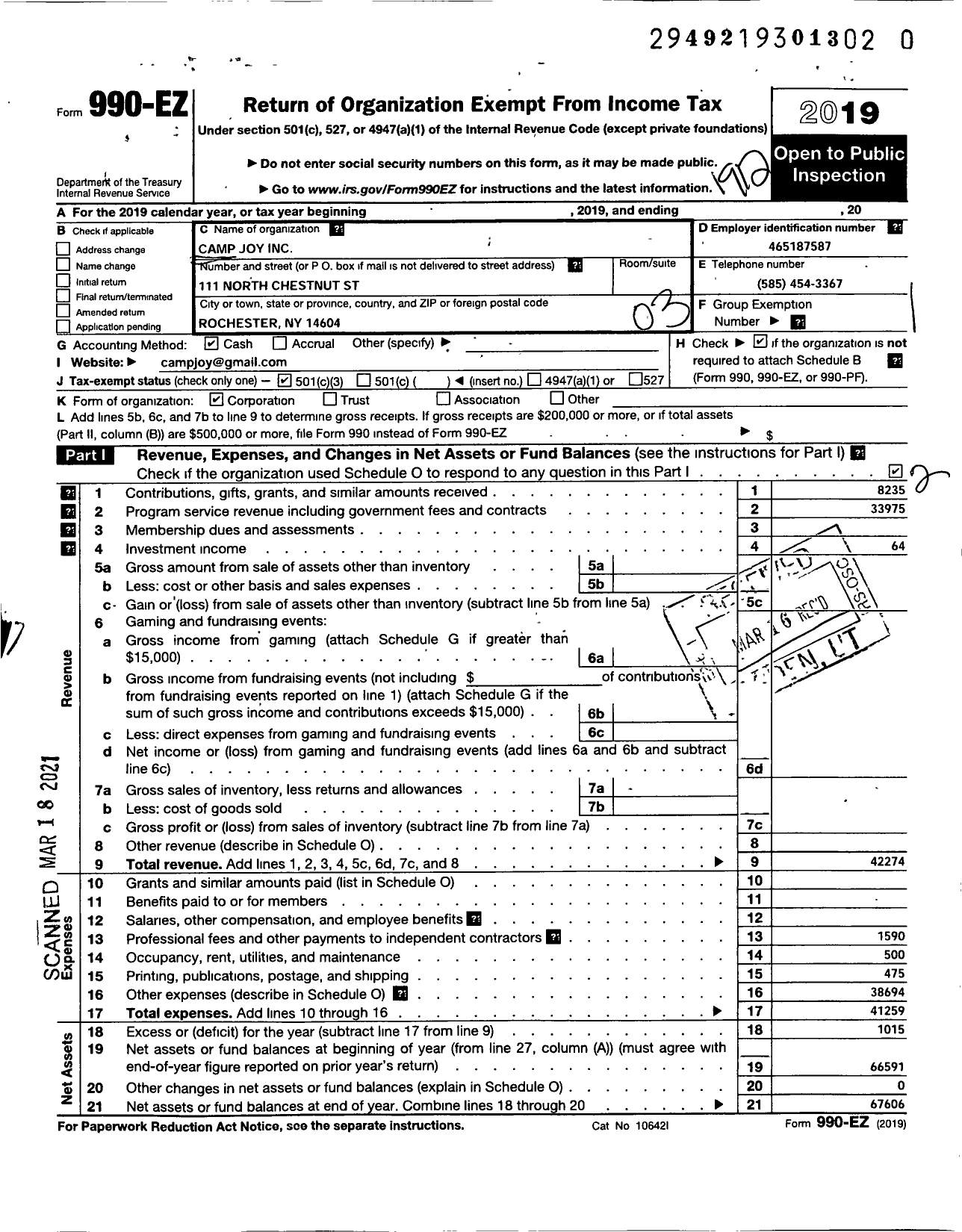 Image of first page of 2019 Form 990EZ for Camp Joy