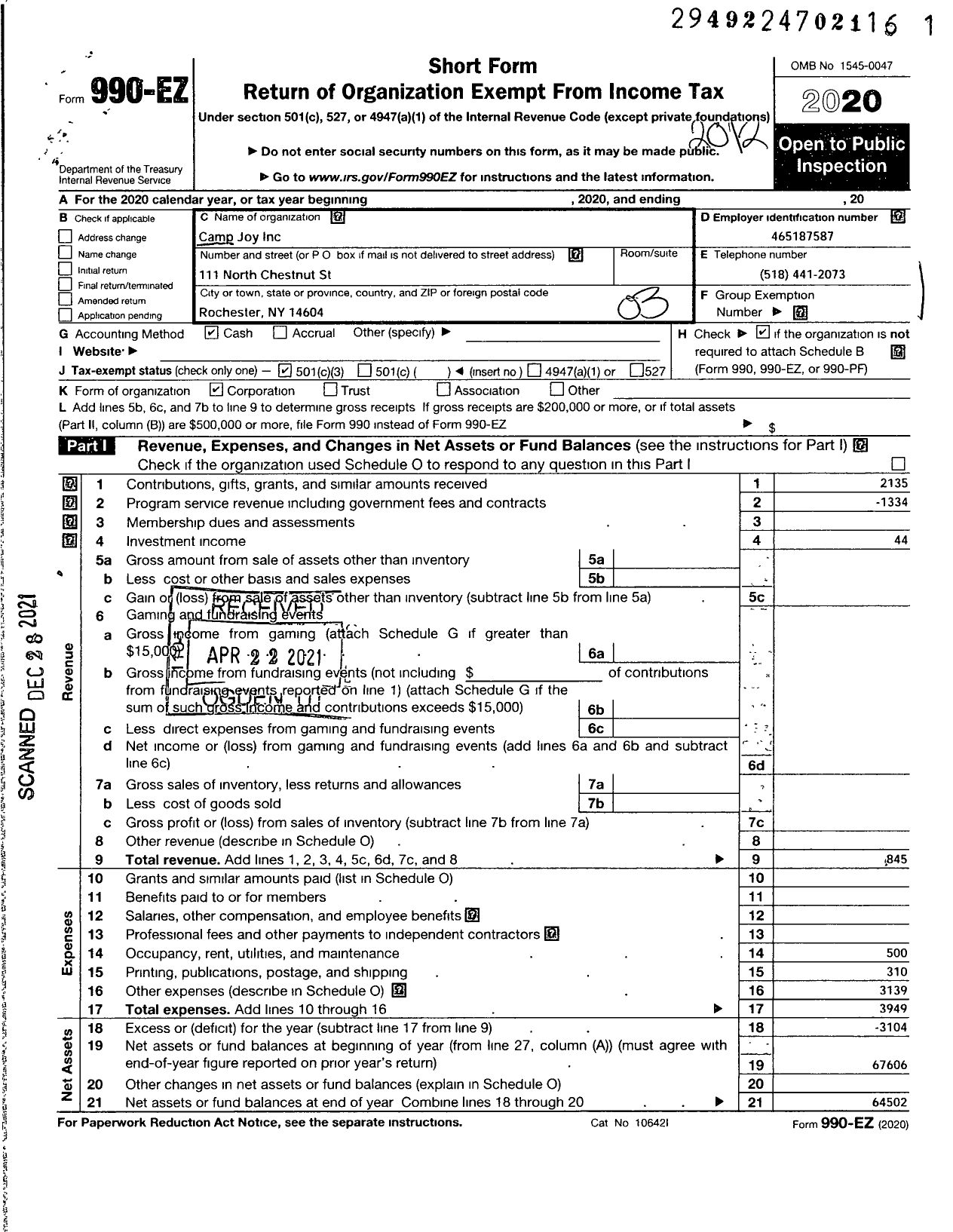 Image of first page of 2020 Form 990EZ for Camp Joy