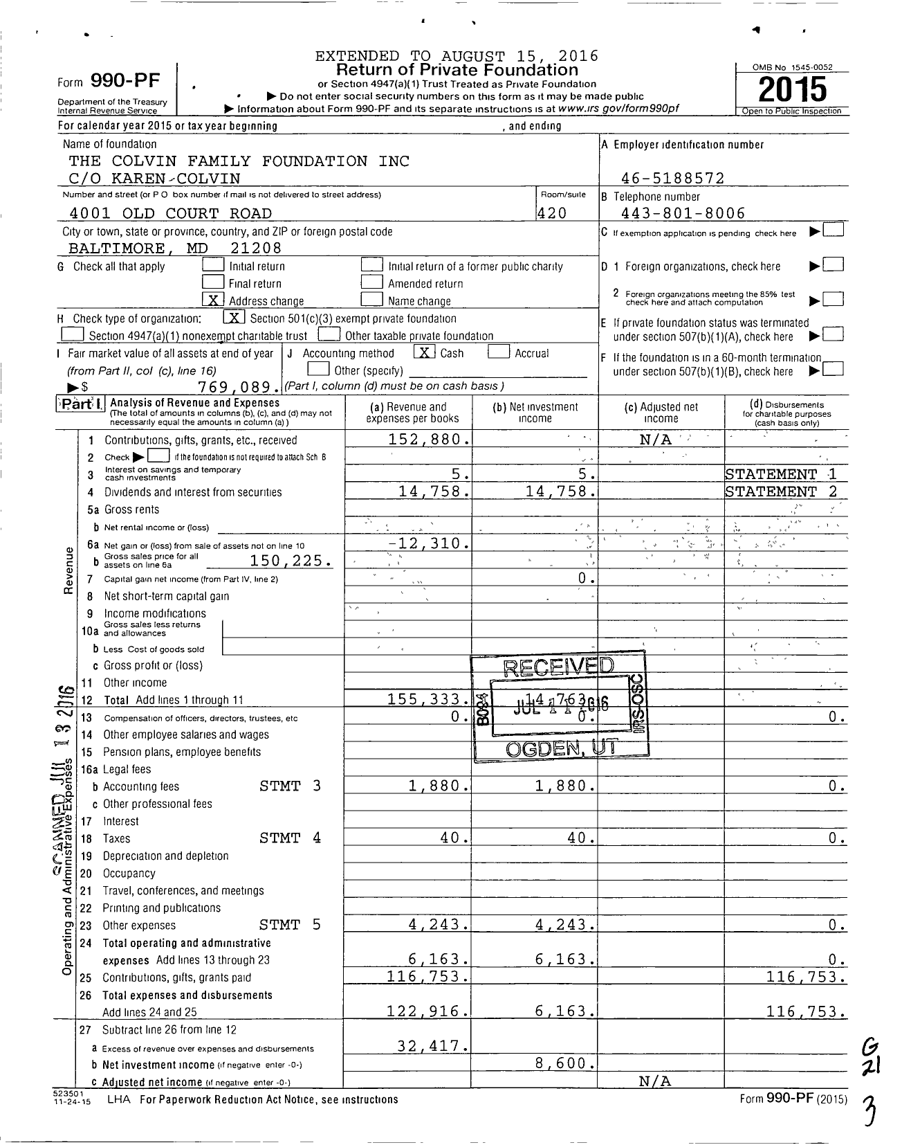 Image of first page of 2015 Form 990PF for The Colvin Family Foundation