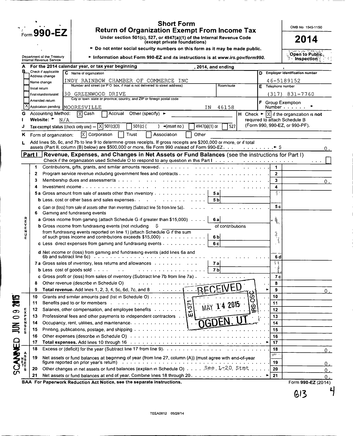 Image of first page of 2014 Form 990EZ for Indy Rainbow Chamber of Commerce Incorporated