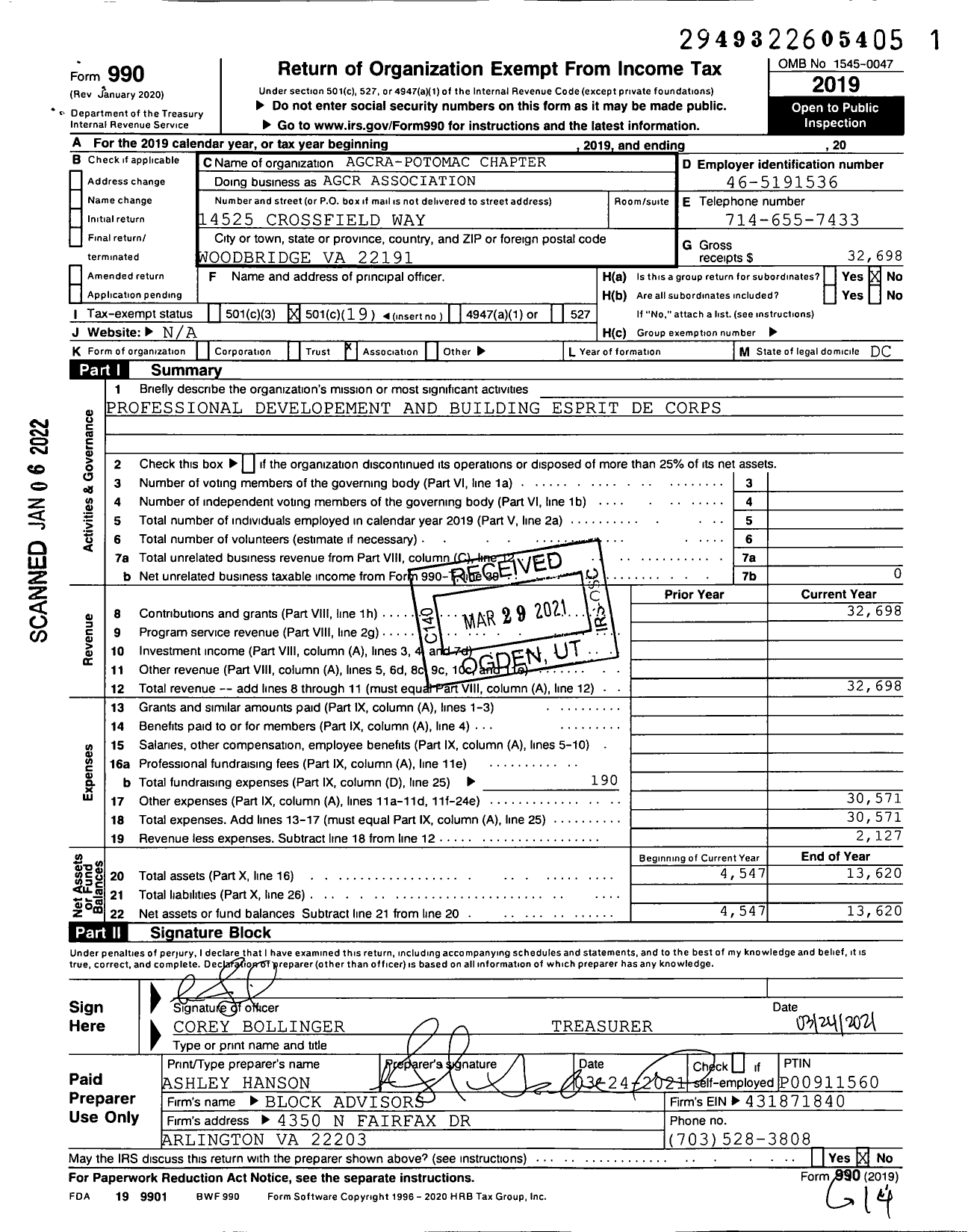 Image of first page of 2019 Form 990O for Agcr Association