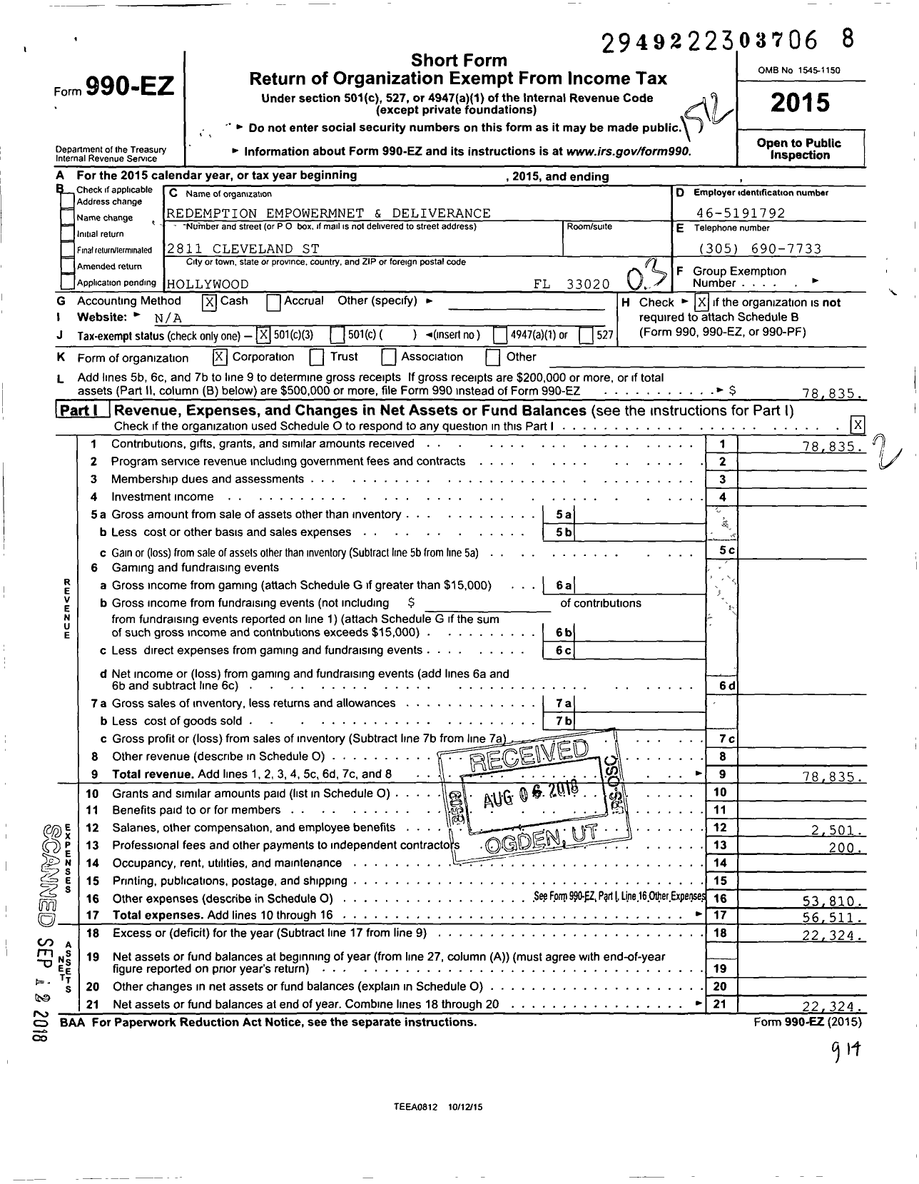 Image of first page of 2015 Form 990EZ for Redemption Empowerment and Deliverance