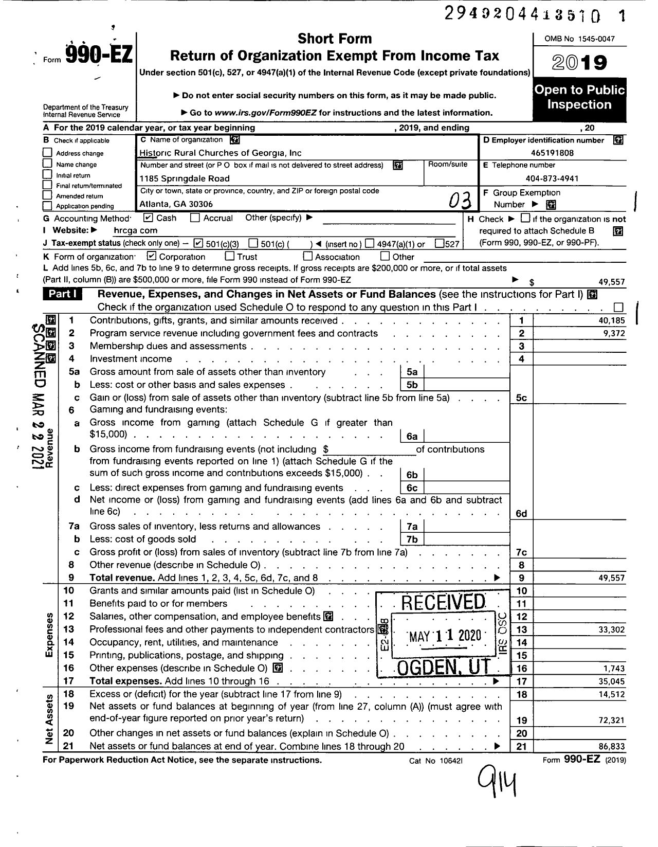Image of first page of 2019 Form 990EZ for Historic Rural Churches of Georgia