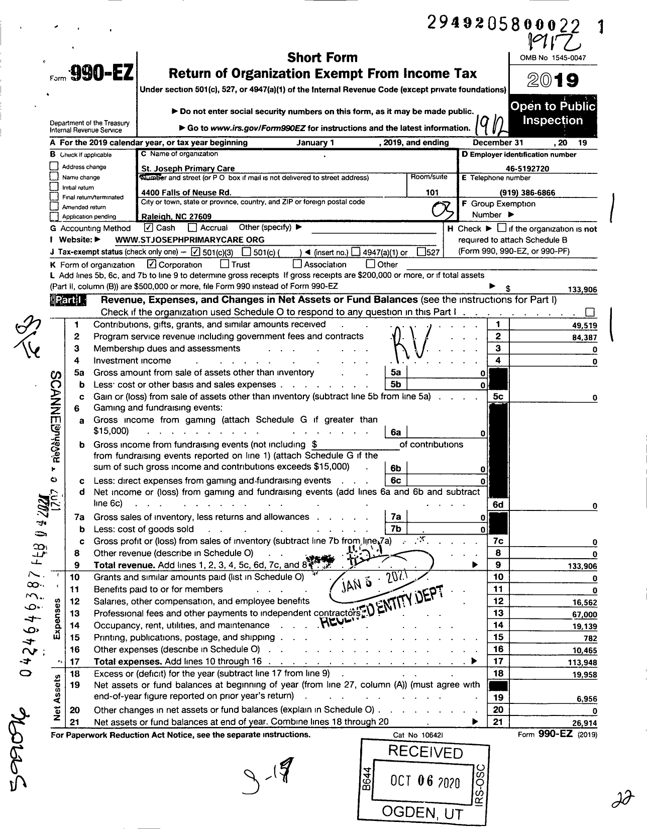 Image of first page of 2019 Form 990EZ for St Joseph Primary Care