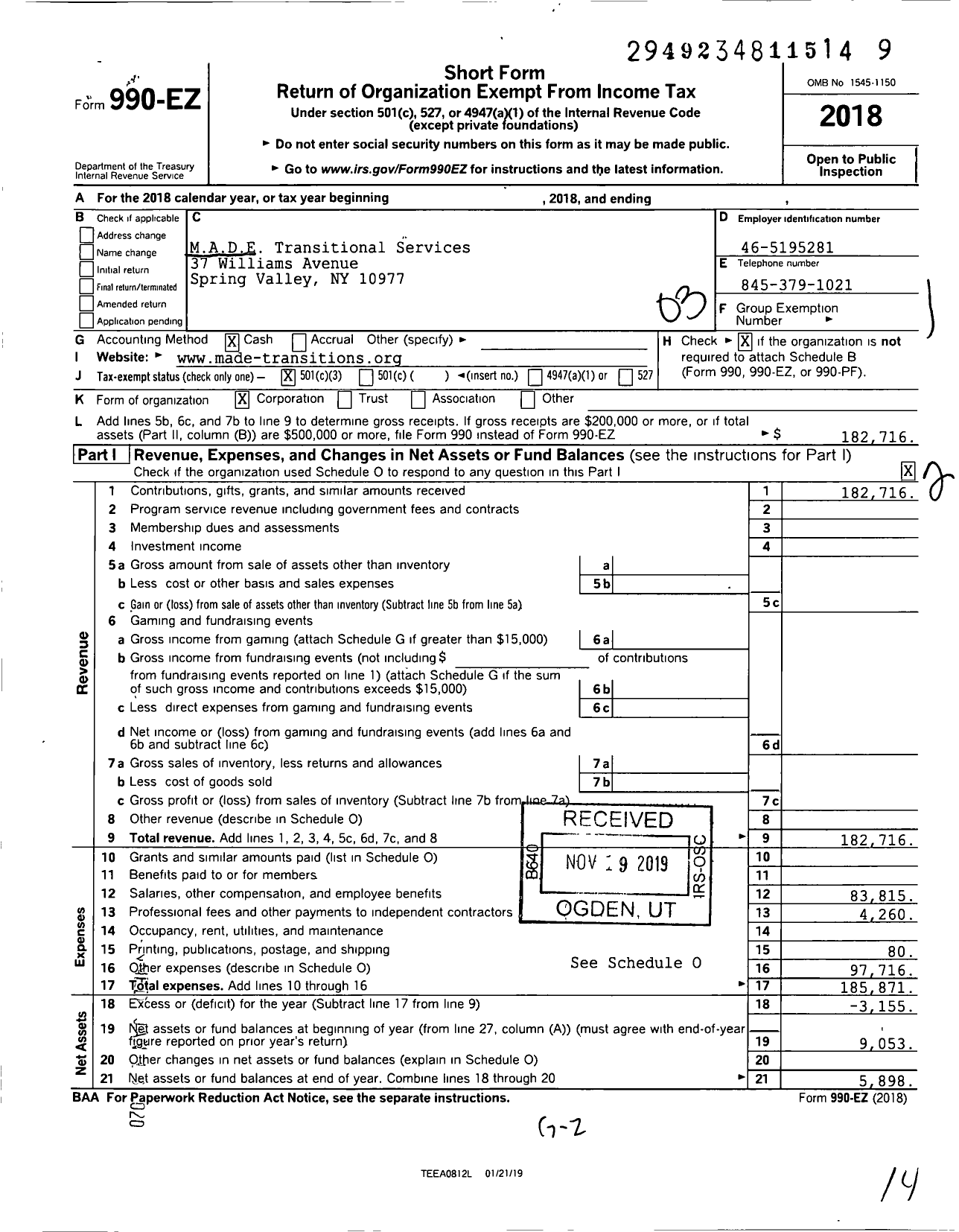 Image of first page of 2018 Form 990EZ for MADE Transitional Services