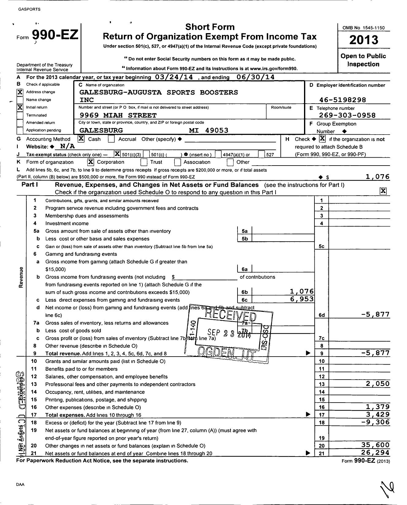 Image of first page of 2013 Form 990EZ for Galesburg-Augusta Sports Boosters