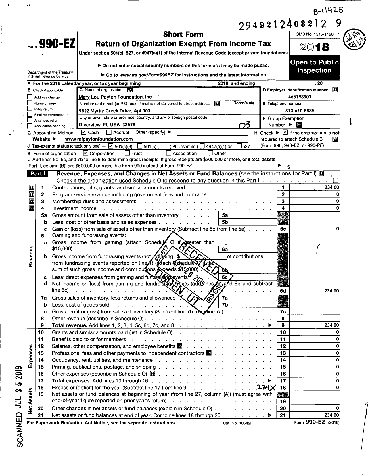 Image of first page of 2018 Form 990EZ for Mary Lou Payton Foundation