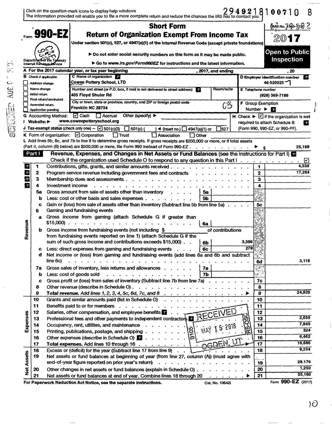 Image of first page of 2017 Form 990EZ for Cowee Pottery School