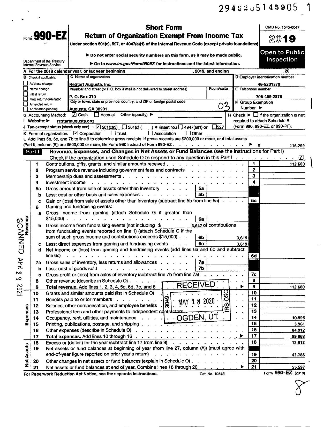 Image of first page of 2019 Form 990EZ for Restart Augusta