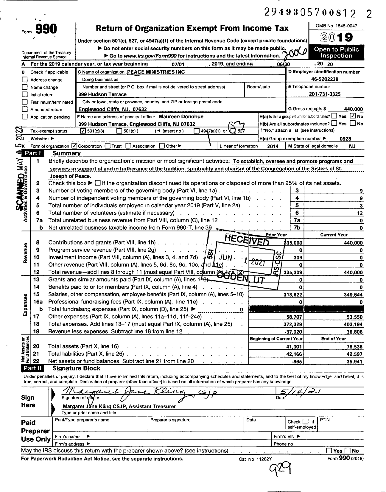 Image of first page of 2019 Form 990 for Peace Ministries