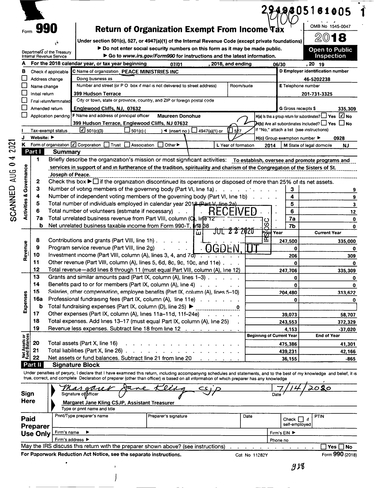 Image of first page of 2018 Form 990 for Peace Ministries