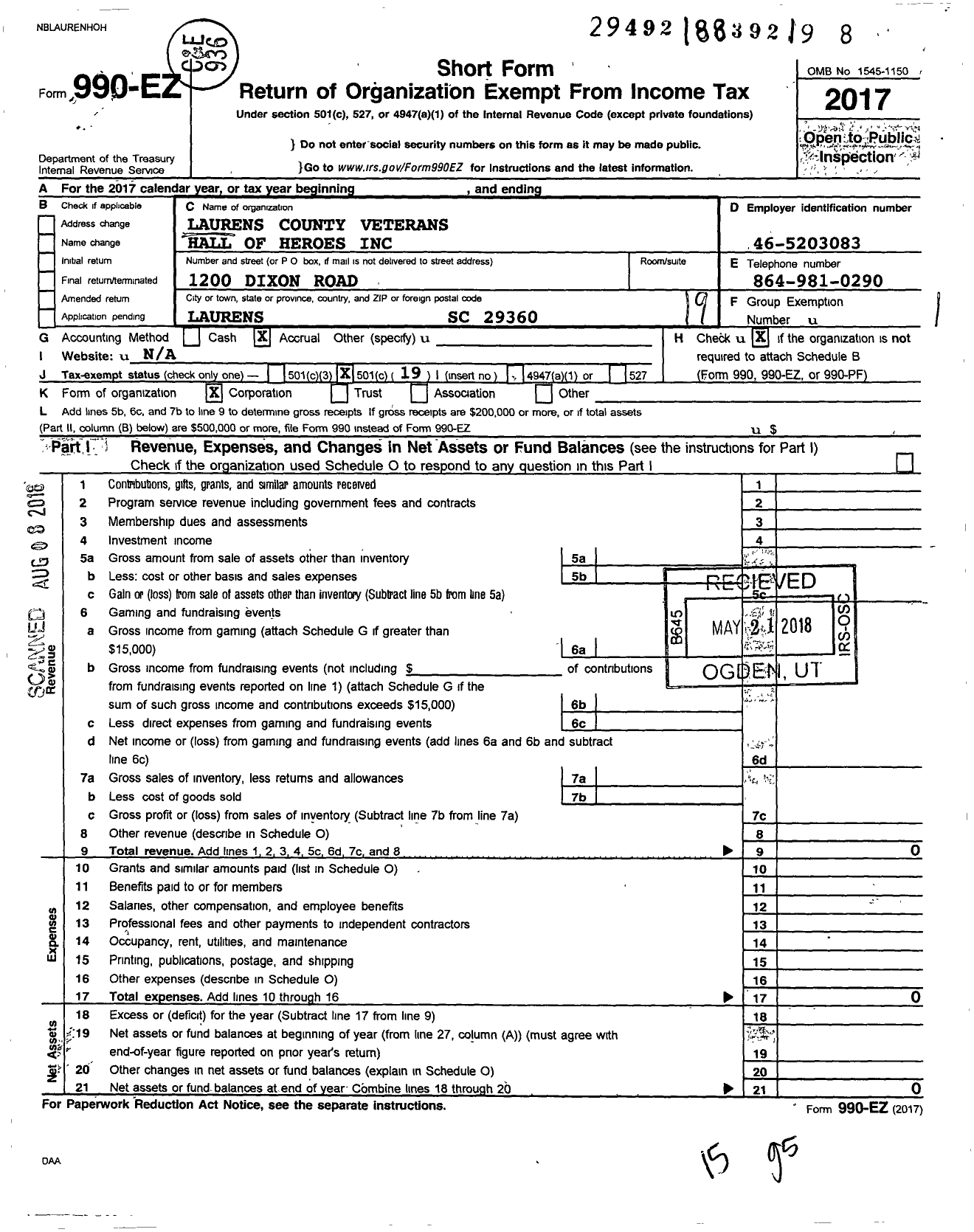 Image of first page of 2017 Form 990EO for Laurens County Veterans Hall of Heroes