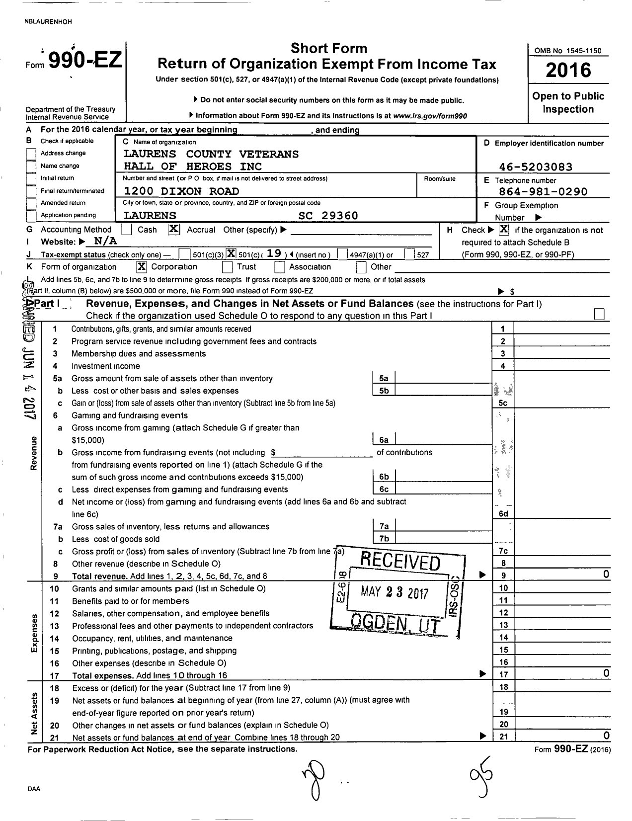 Image of first page of 2016 Form 990EO for Laurens County Veterans Hall of Heroes