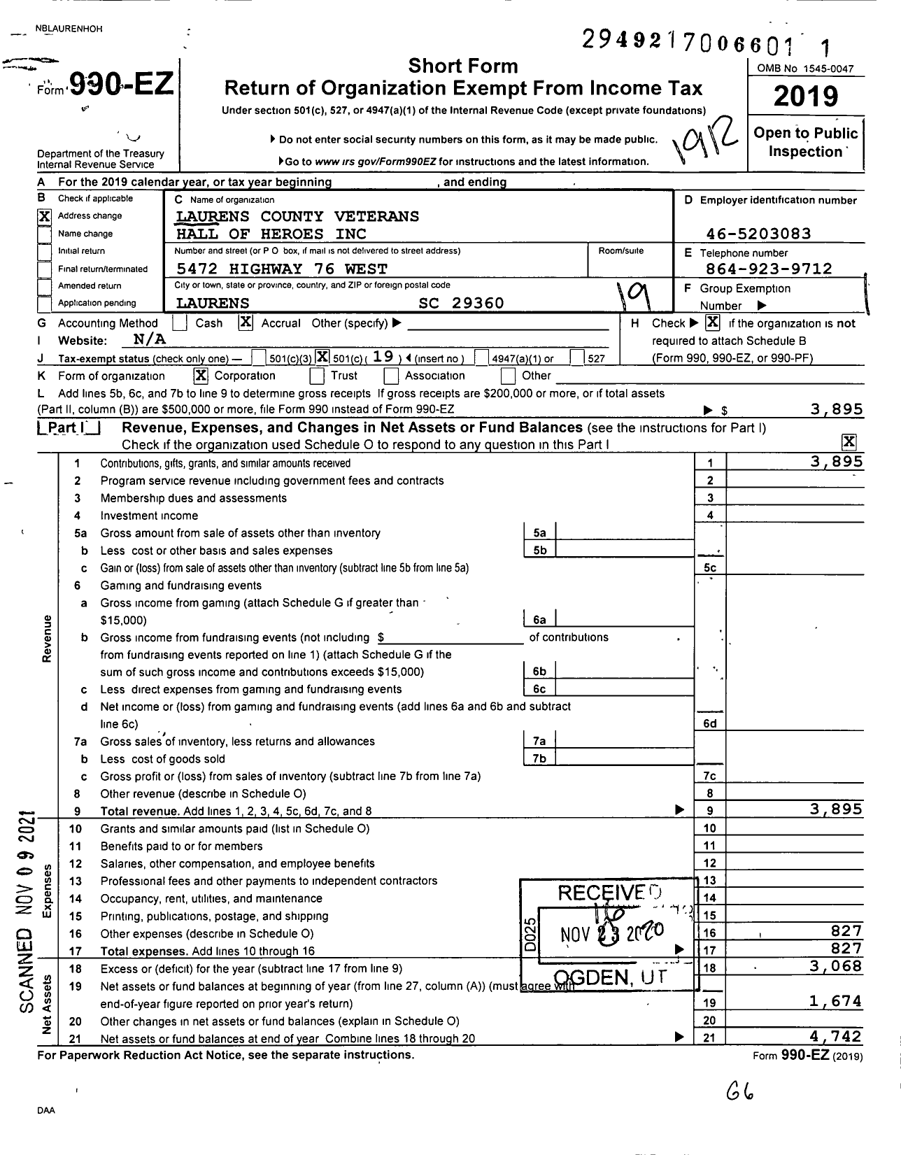 Image of first page of 2019 Form 990EO for Laurens County Veterans Hall of Heroes