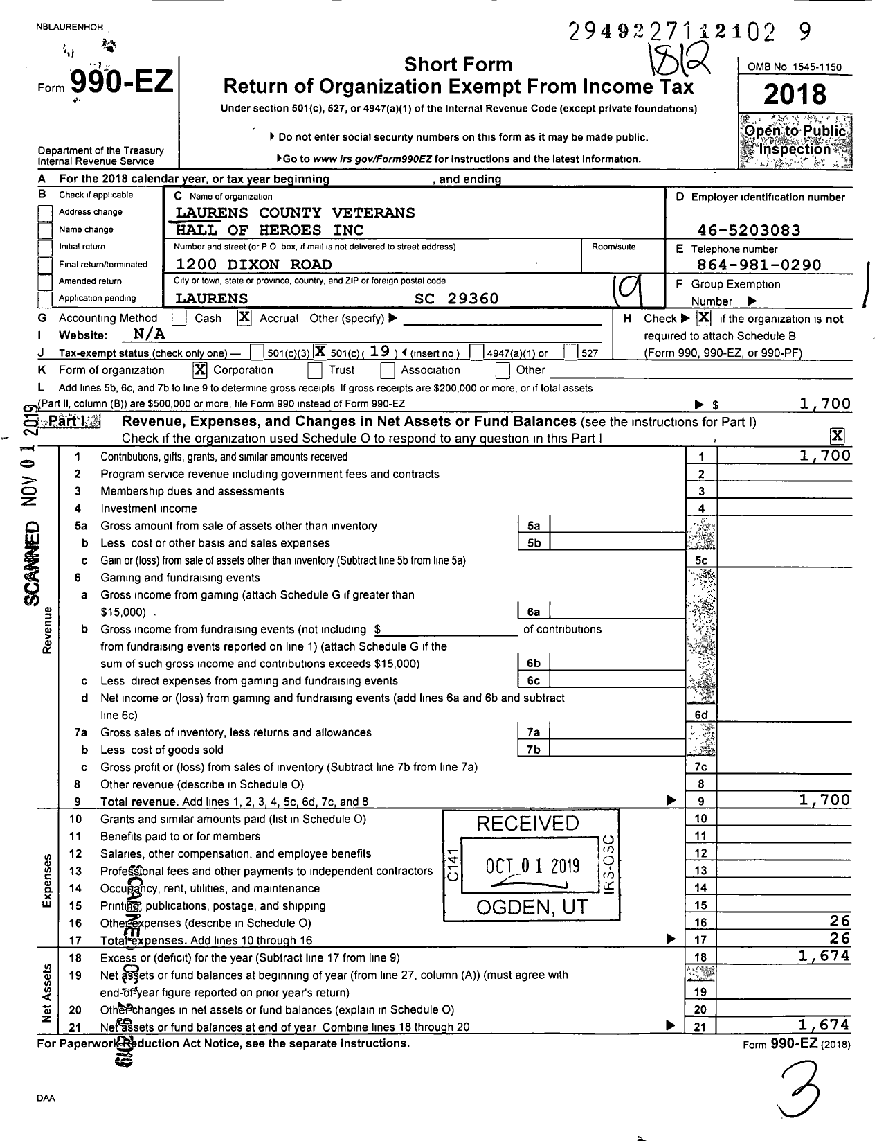 Image of first page of 2018 Form 990EO for Laurens County Veterans Hall of Heroes