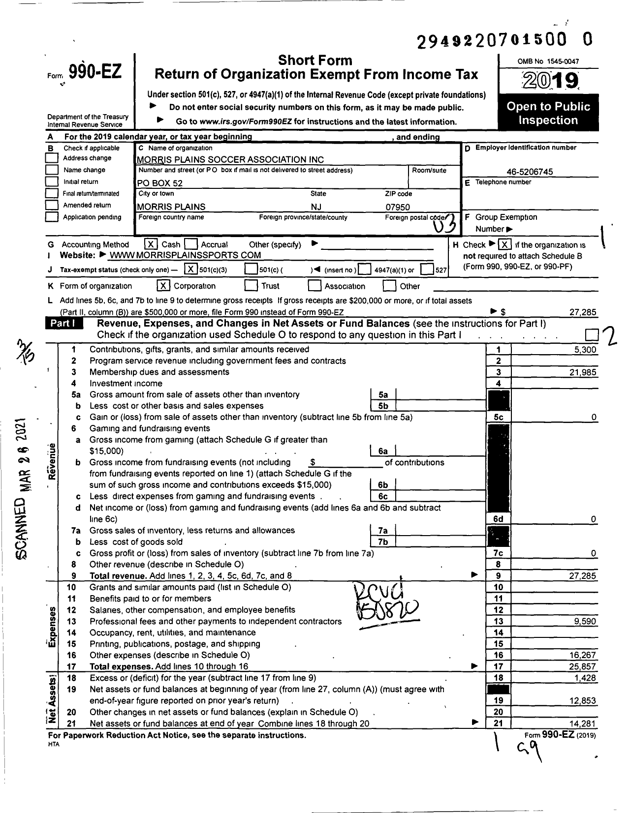 Image of first page of 2019 Form 990EZ for Morris Plains Soccer Association