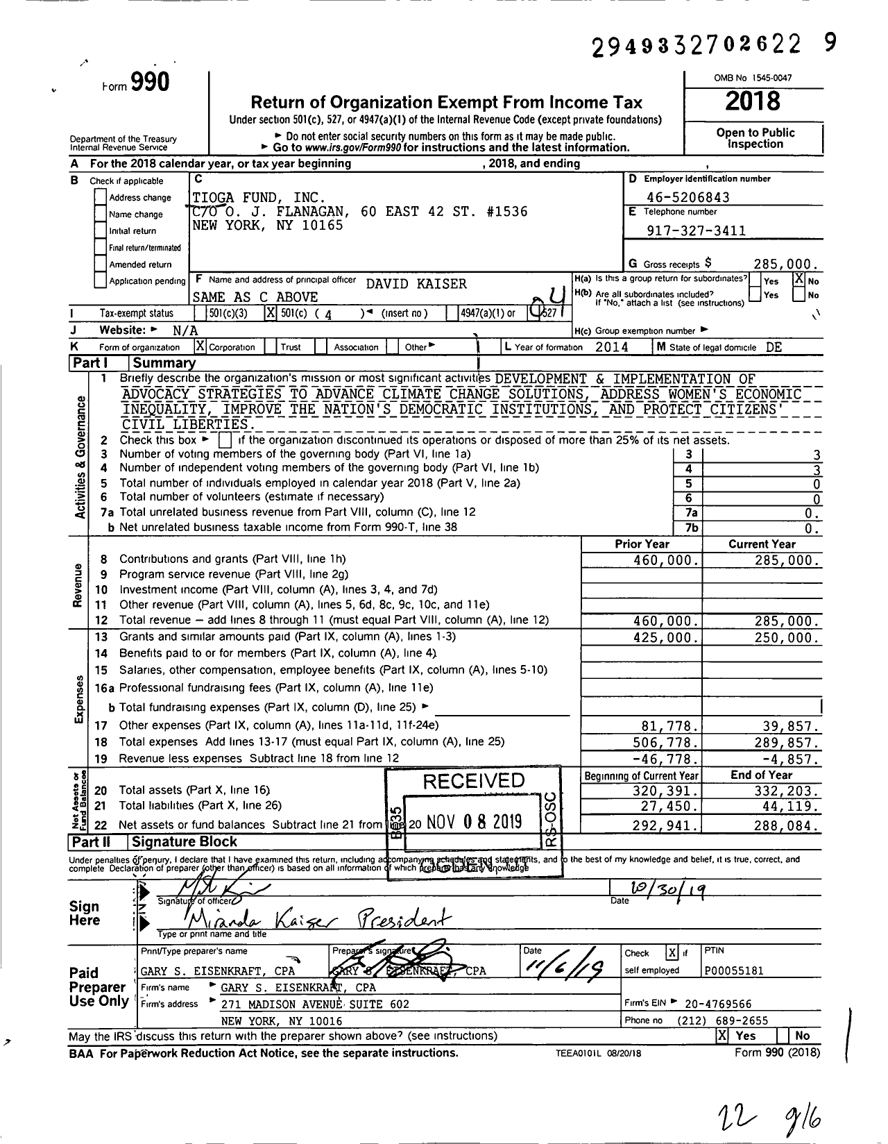 Image of first page of 2018 Form 990O for Tioga Fund