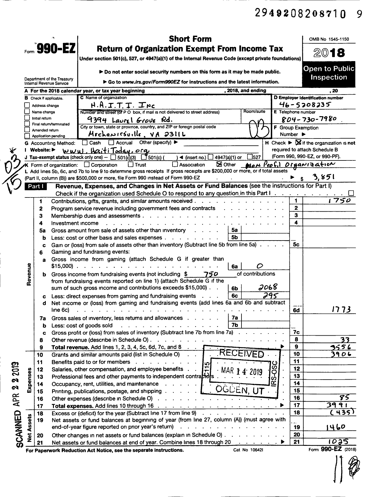 Image of first page of 2018 Form 990EZ for H-A-I-T-Iinc