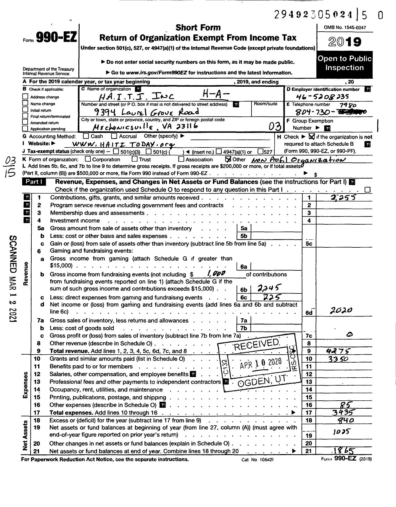 Image of first page of 2019 Form 990EZ for H-A-I-T-Iinc