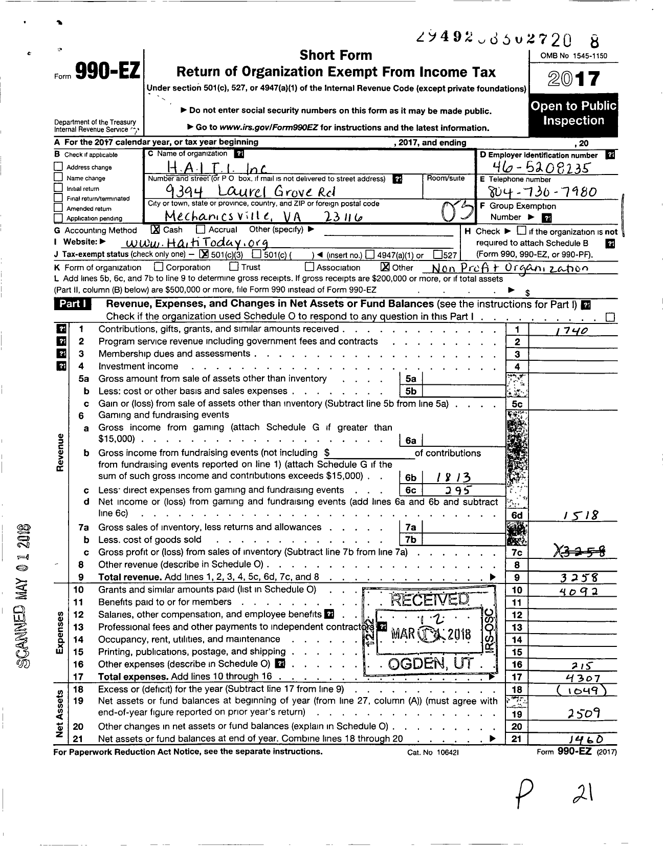 Image of first page of 2017 Form 990EZ for H-A-I-T-Iinc