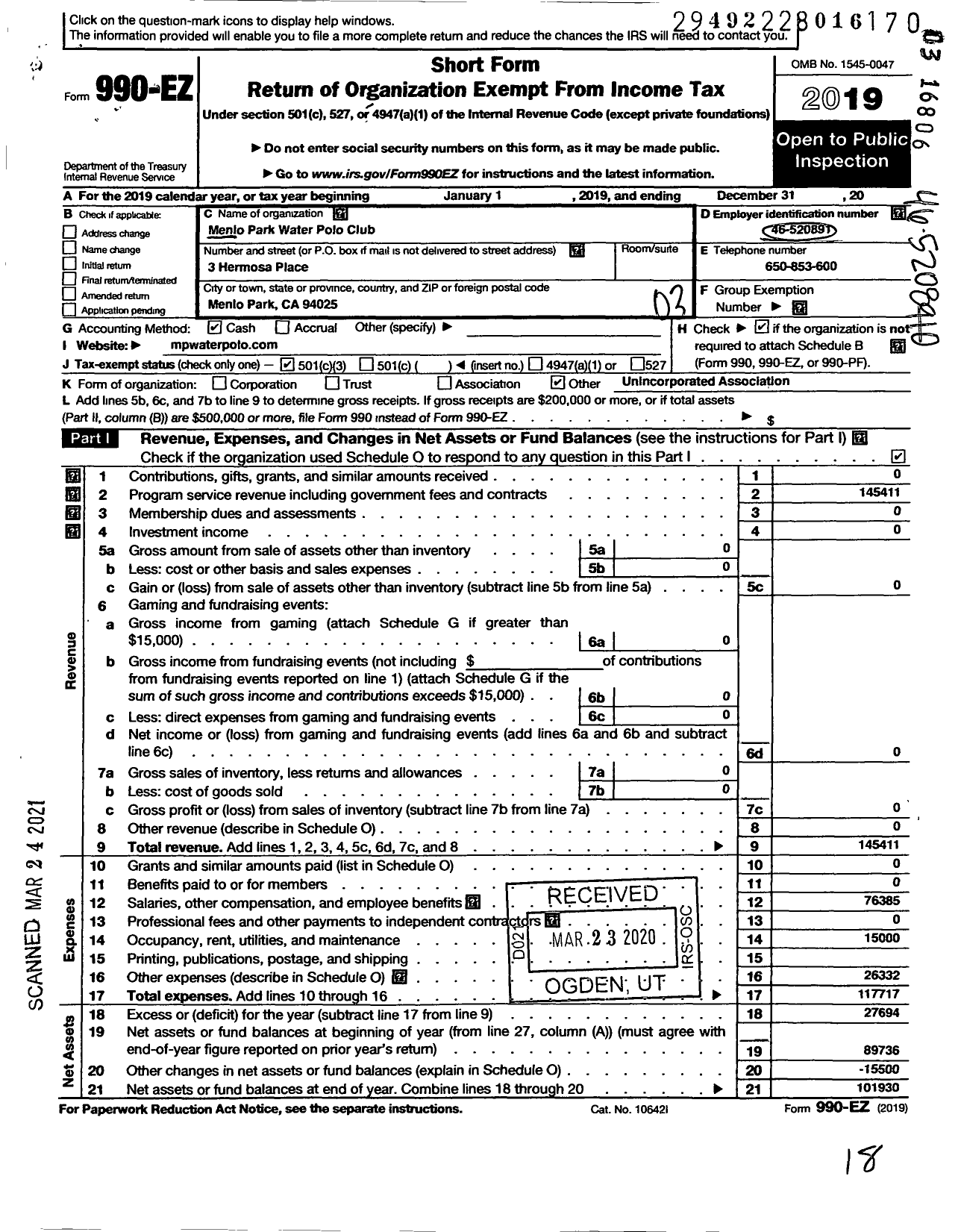 Image of first page of 2019 Form 990EZ for MPWPC Menlo Park Water Polo Club