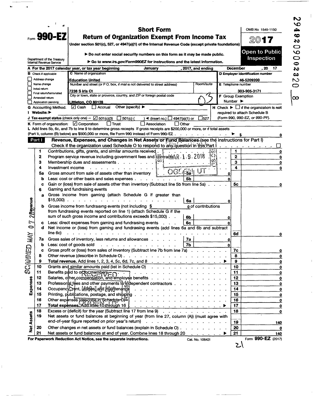 Image of first page of 2017 Form 990EZ for Education United