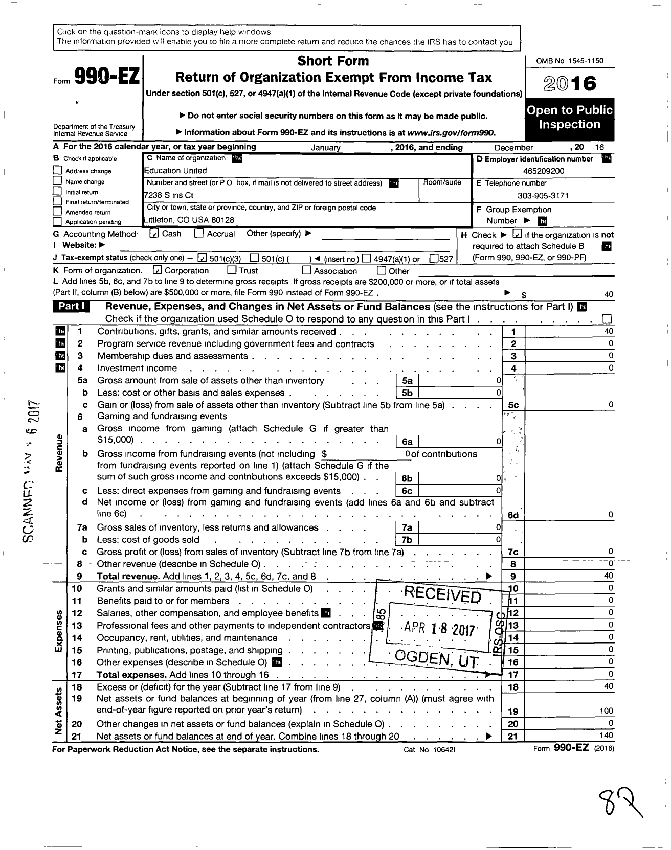 Image of first page of 2016 Form 990EZ for Education United