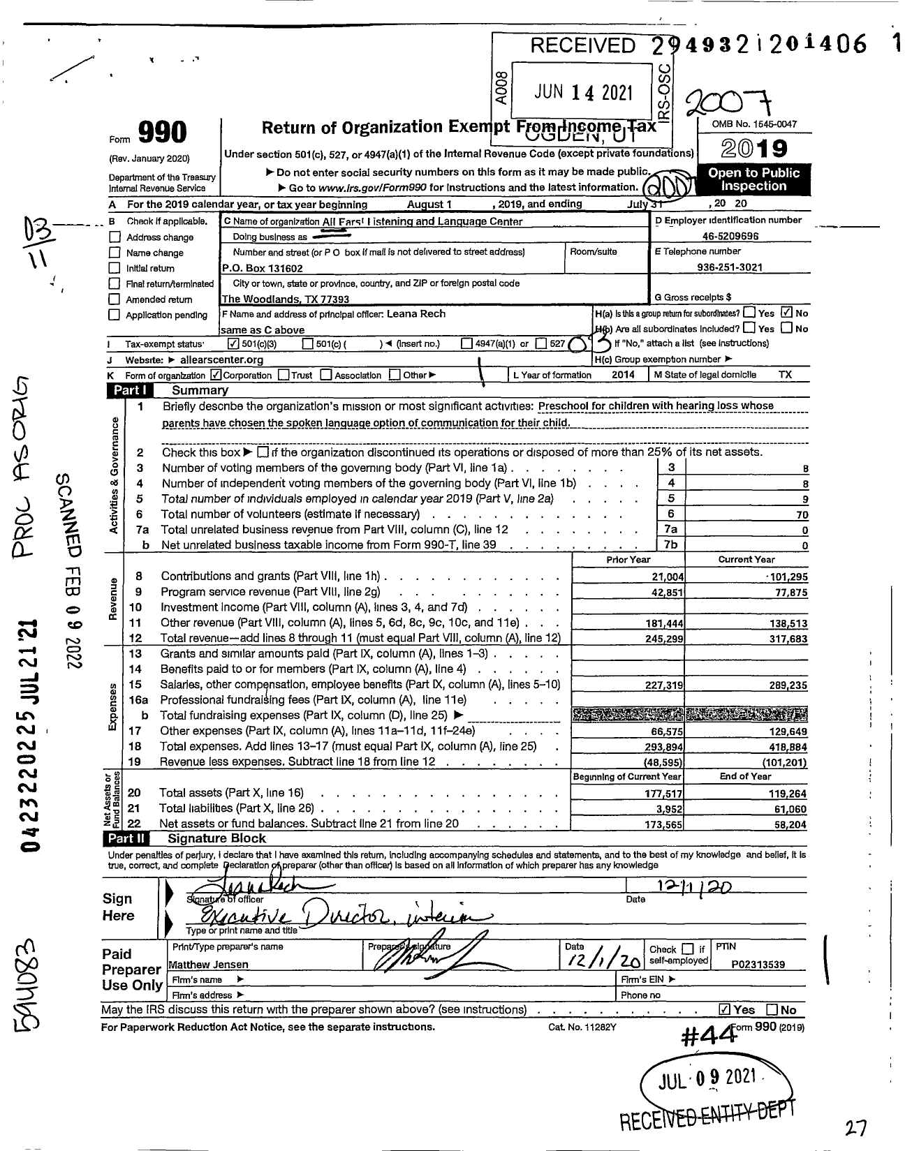 Image of first page of 2019 Form 990 for All Ears Listening and Language Center