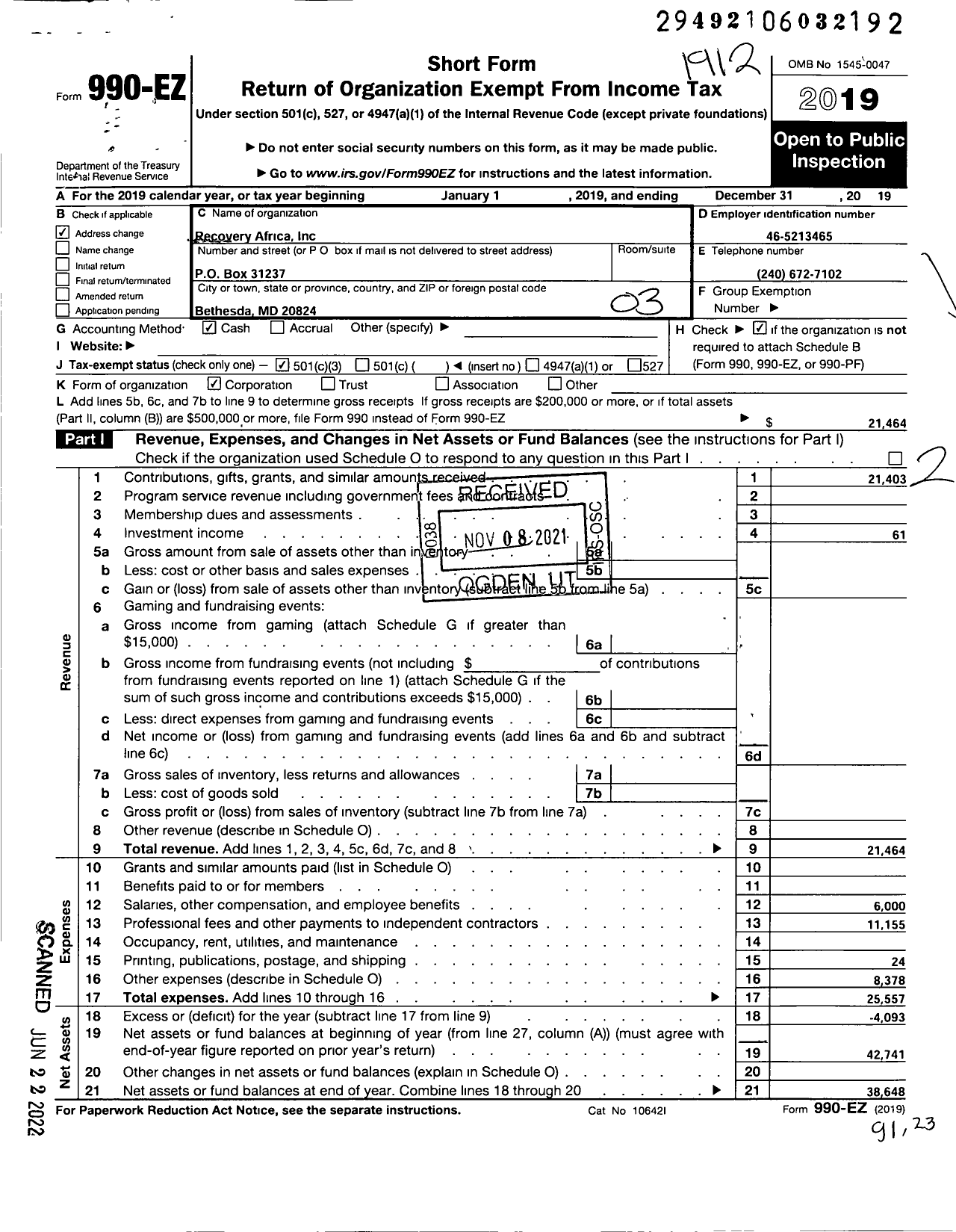 Image of first page of 2019 Form 990EZ for Recovery Africa