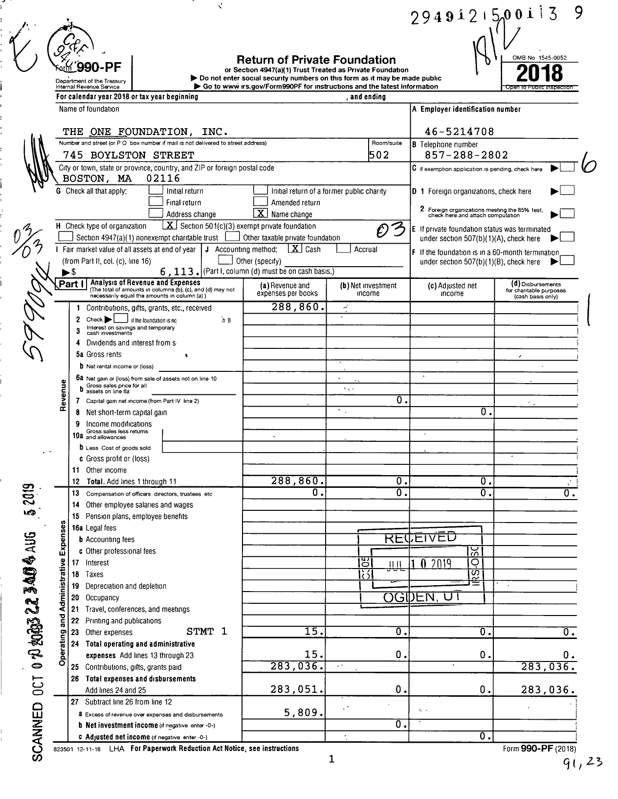 Image of first page of 2018 Form 990PF for The One Foundation