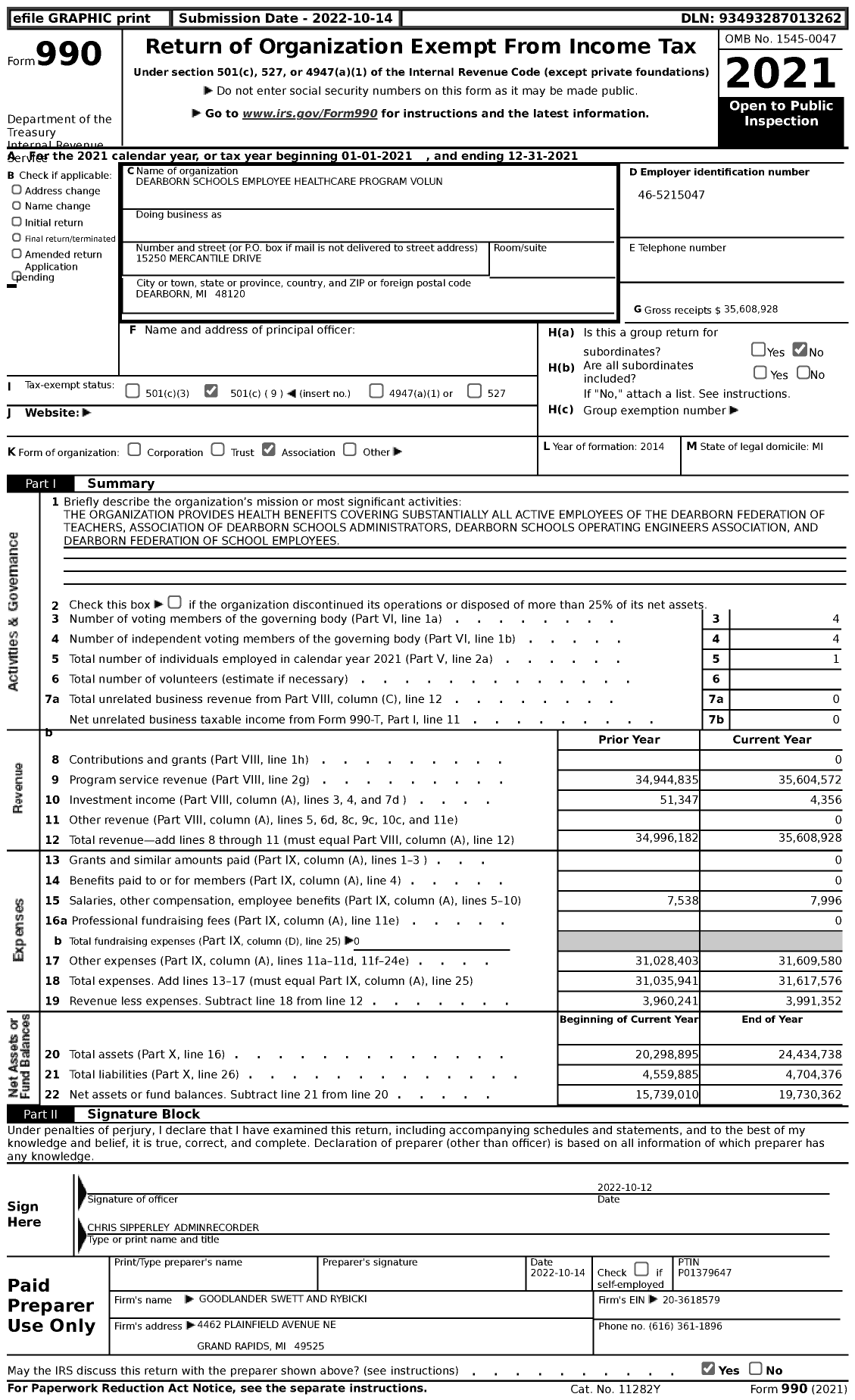 Image of first page of 2021 Form 990 for Dearborn Schools Employee Healthcare Program Volun
