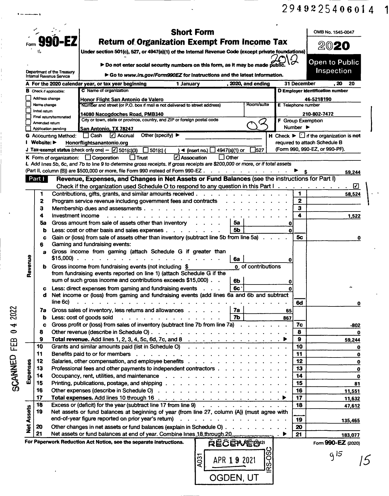 Image of first page of 2020 Form 990EZ for Honor Flight San Antonio