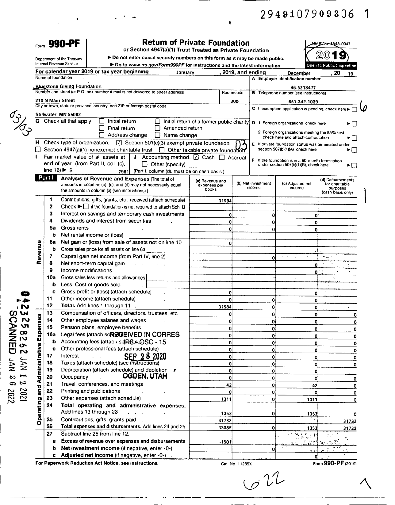 Image of first page of 2019 Form 990PF for Bluestone Giving Foundation