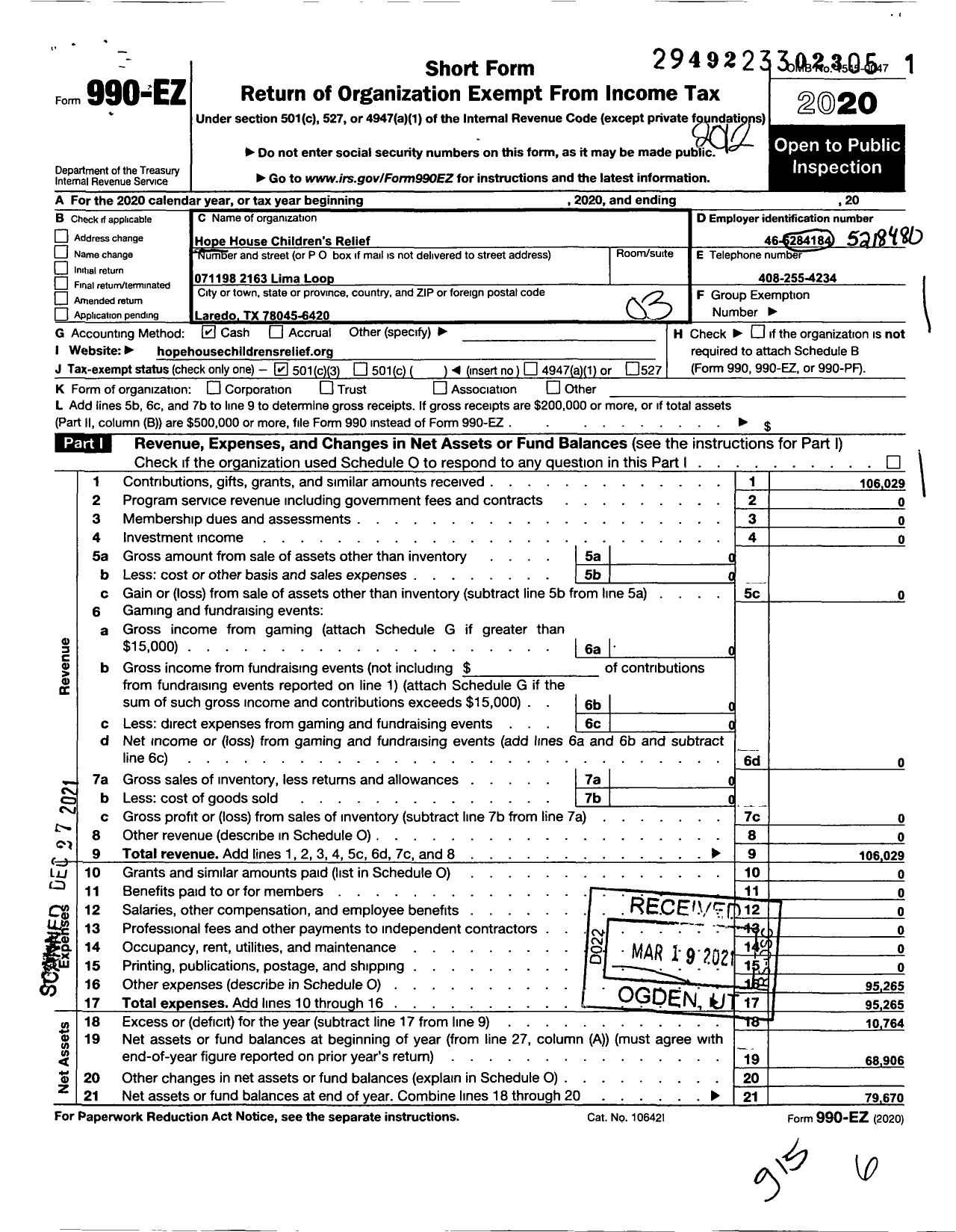 Image of first page of 2020 Form 990EZ for Hope House Childrens Relief